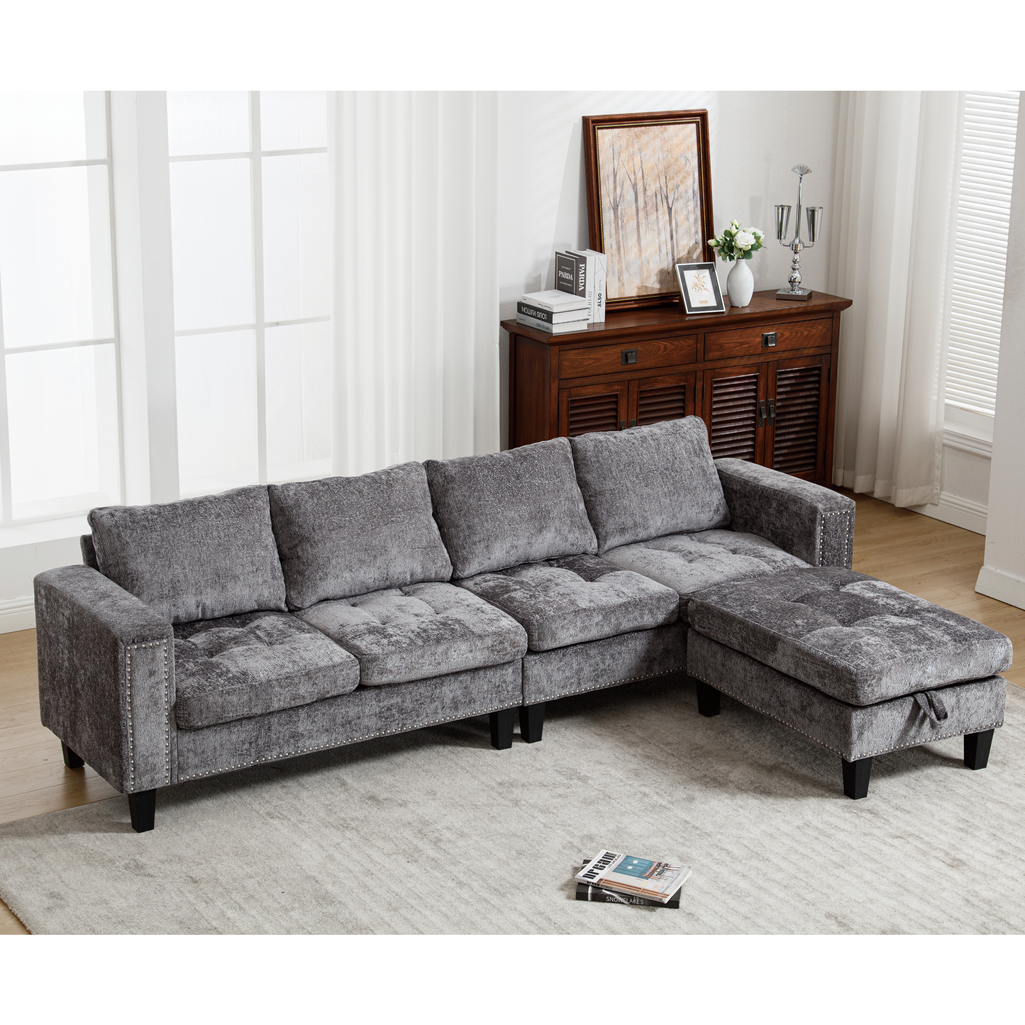 5-Seat Modular Sofa with Storage Ottoman, Reversible Chaise, Chenille, Gray