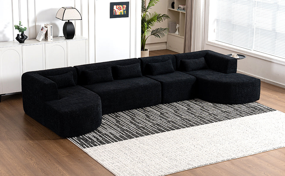 143.7 Upholstered Sofa with Chaise and Back Pillows, Black