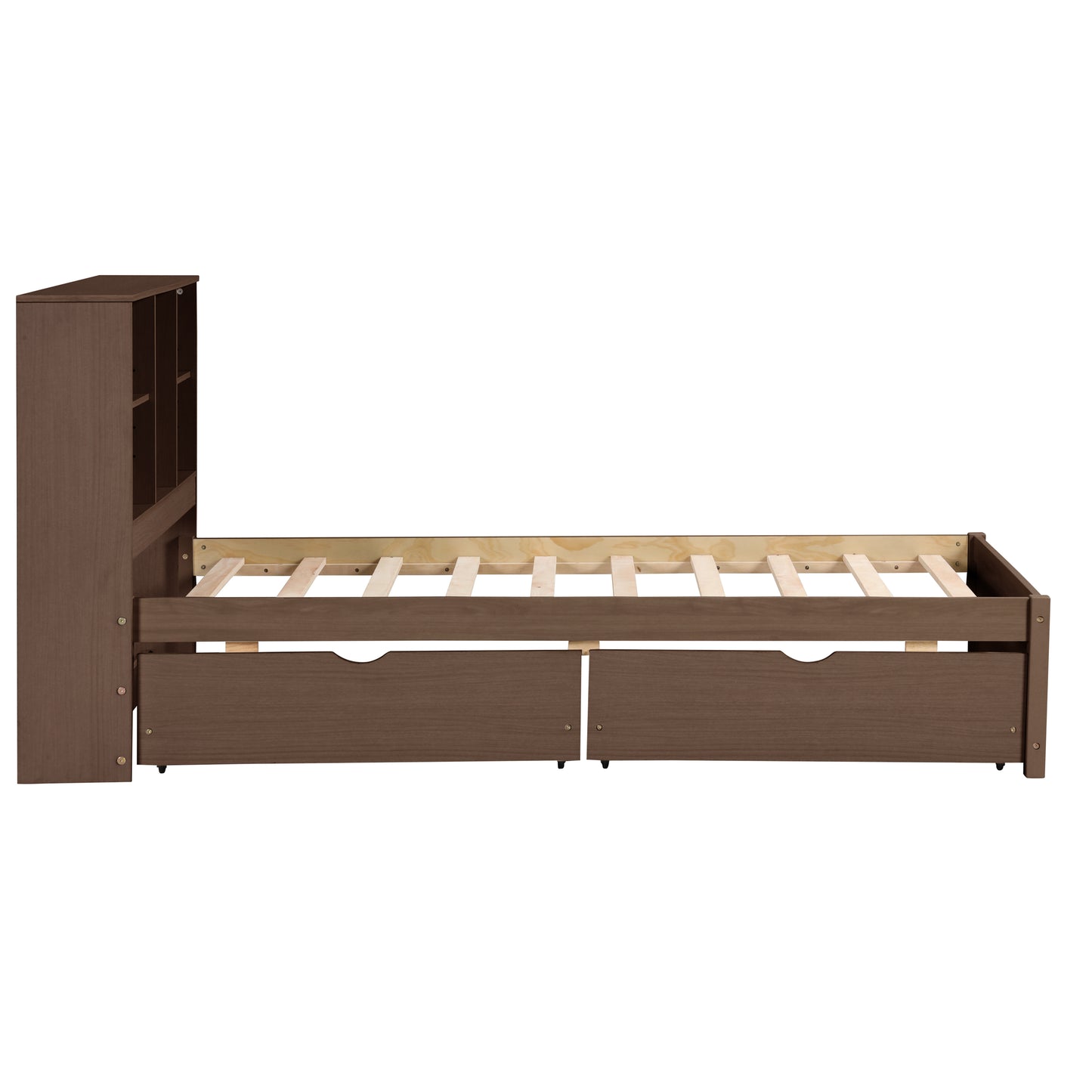 Modern twin bed frame with USB port, bookcase headboard, and drawers, walnut