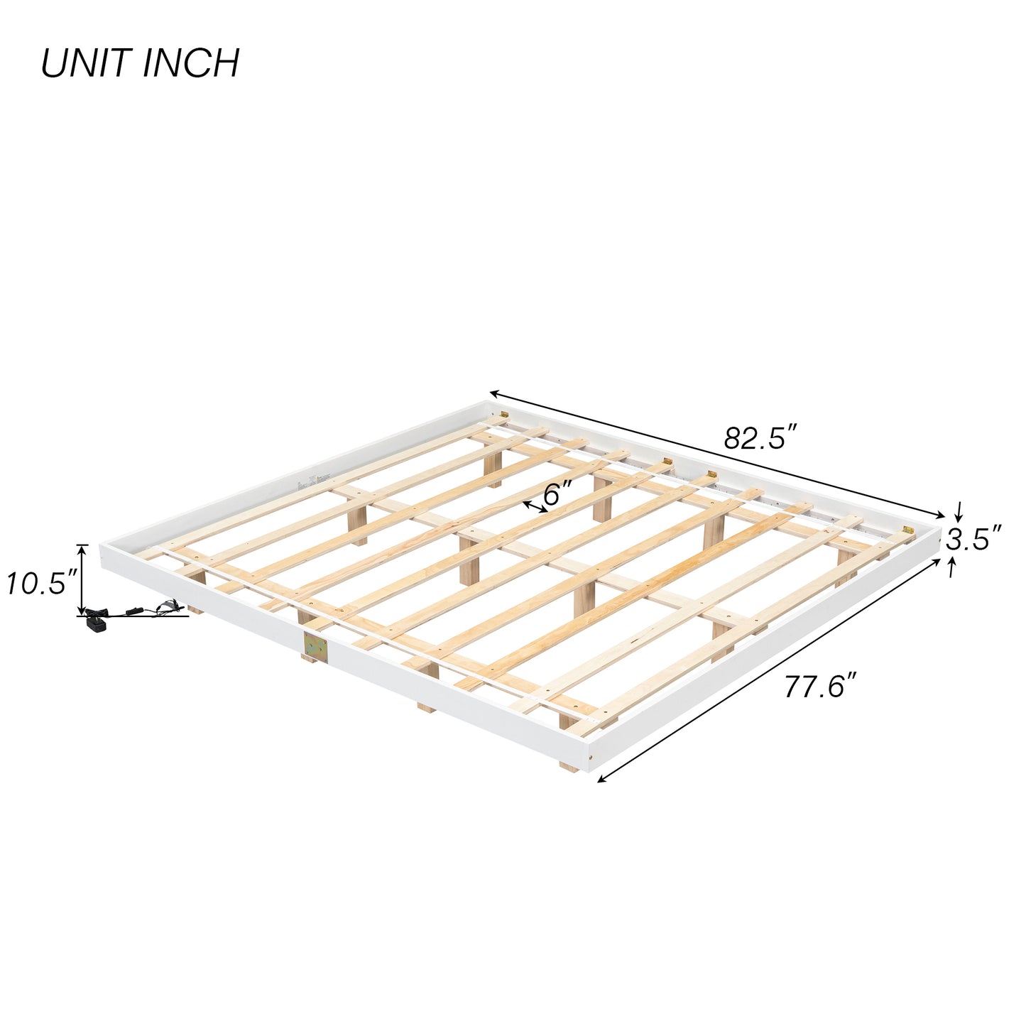 King floating bed with LED lights, modern low profile, white