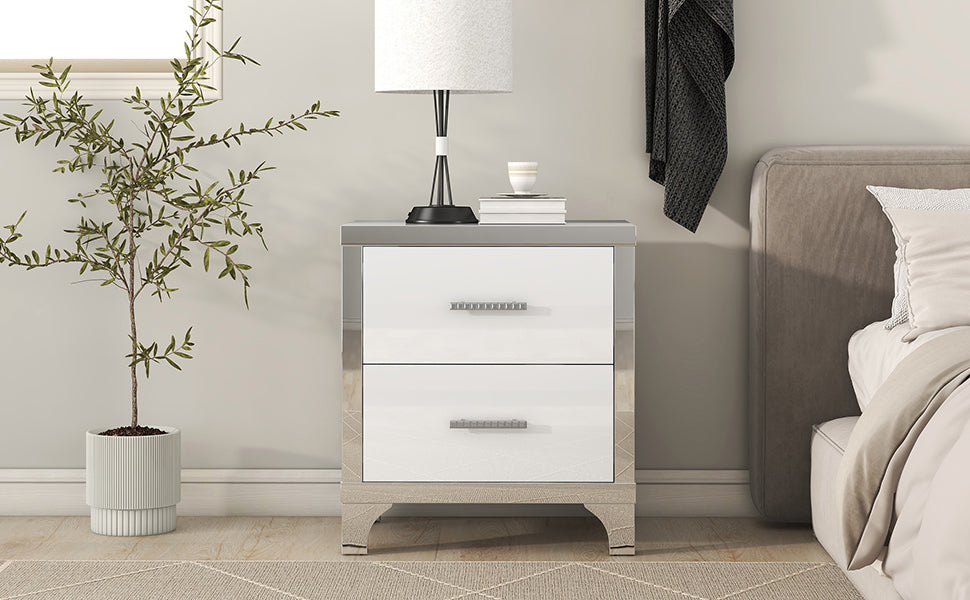 Elegant high gloss nightstand with 2 drawers, mirrored, white