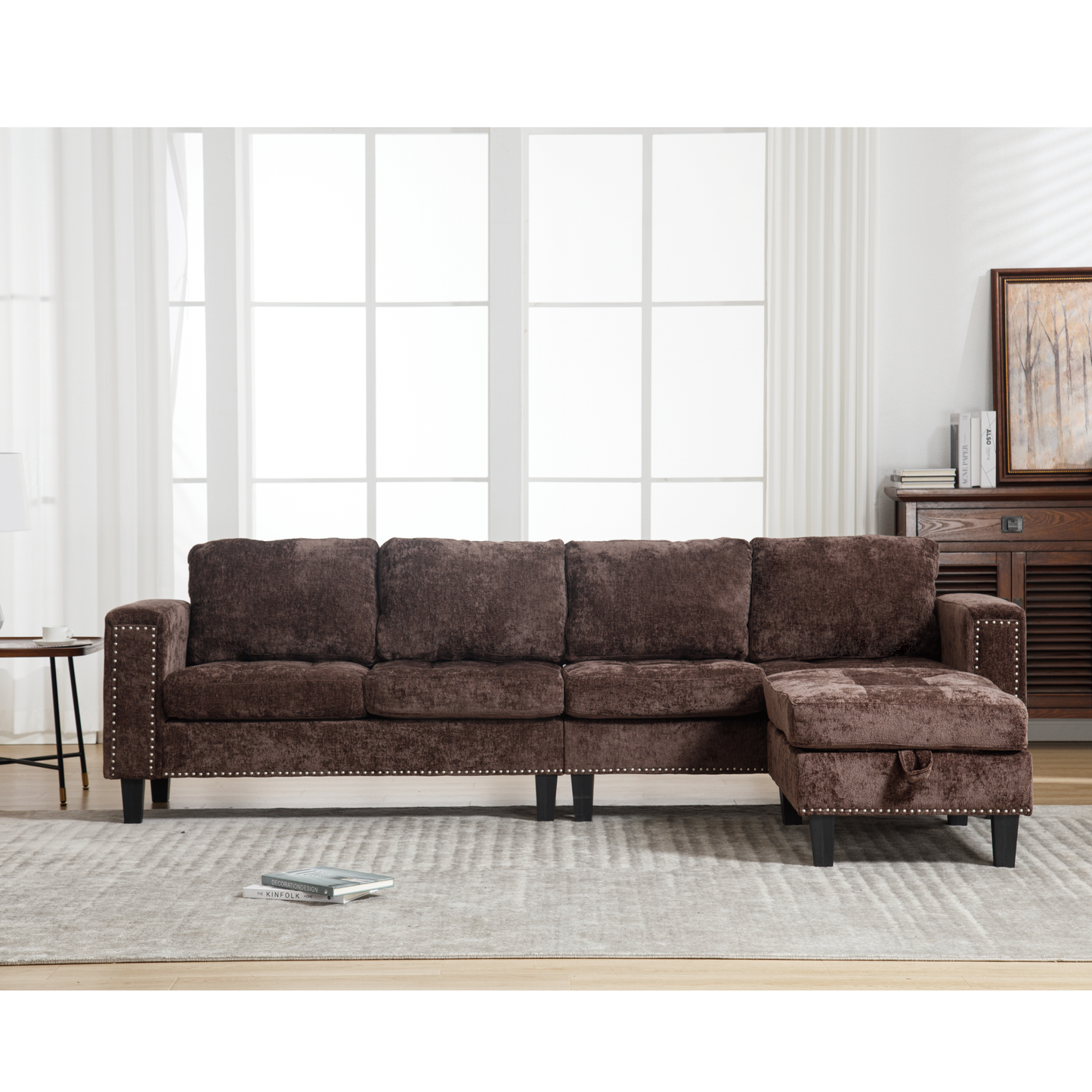 5-Seat Modular Sofa with Storage Ottoman, Reversible Chaise, Chenille, Brown