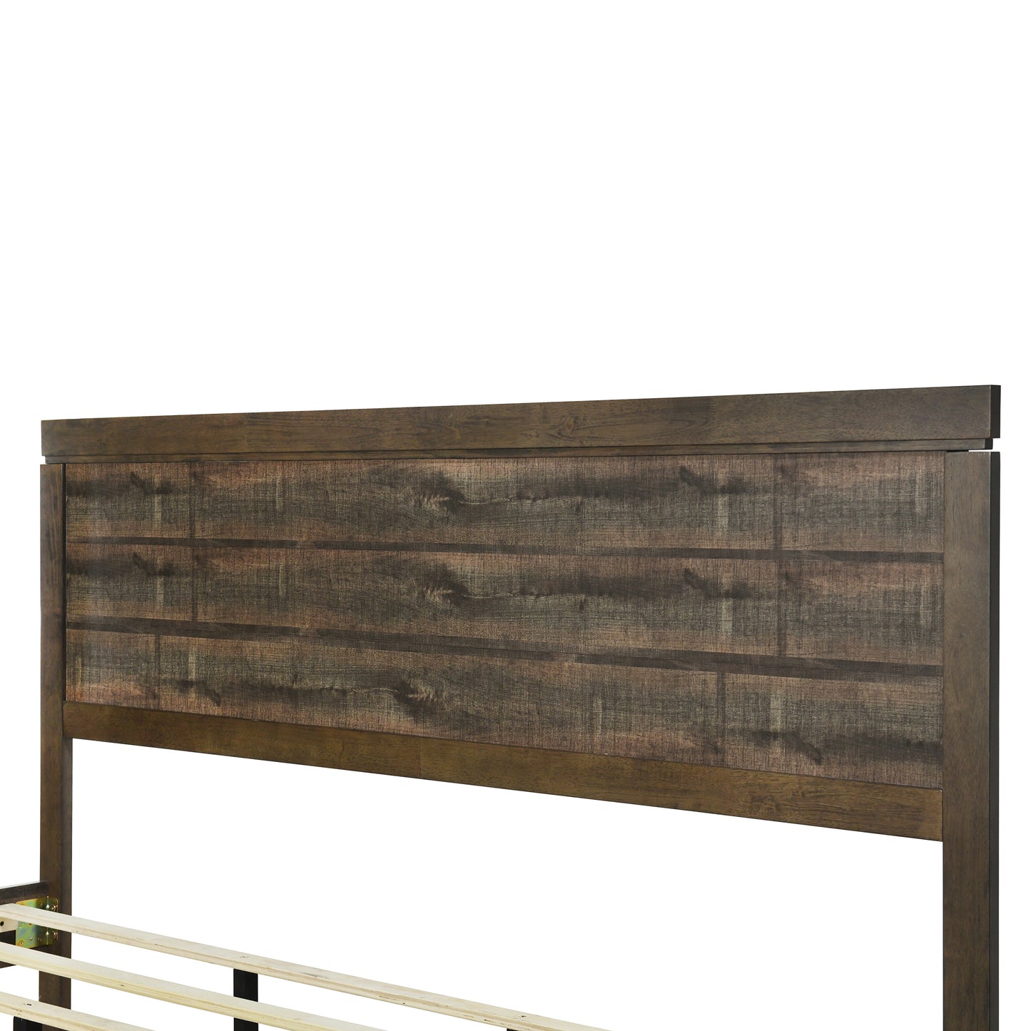 Vintage farmhouse king platform bed with wooden slats, rustic brown