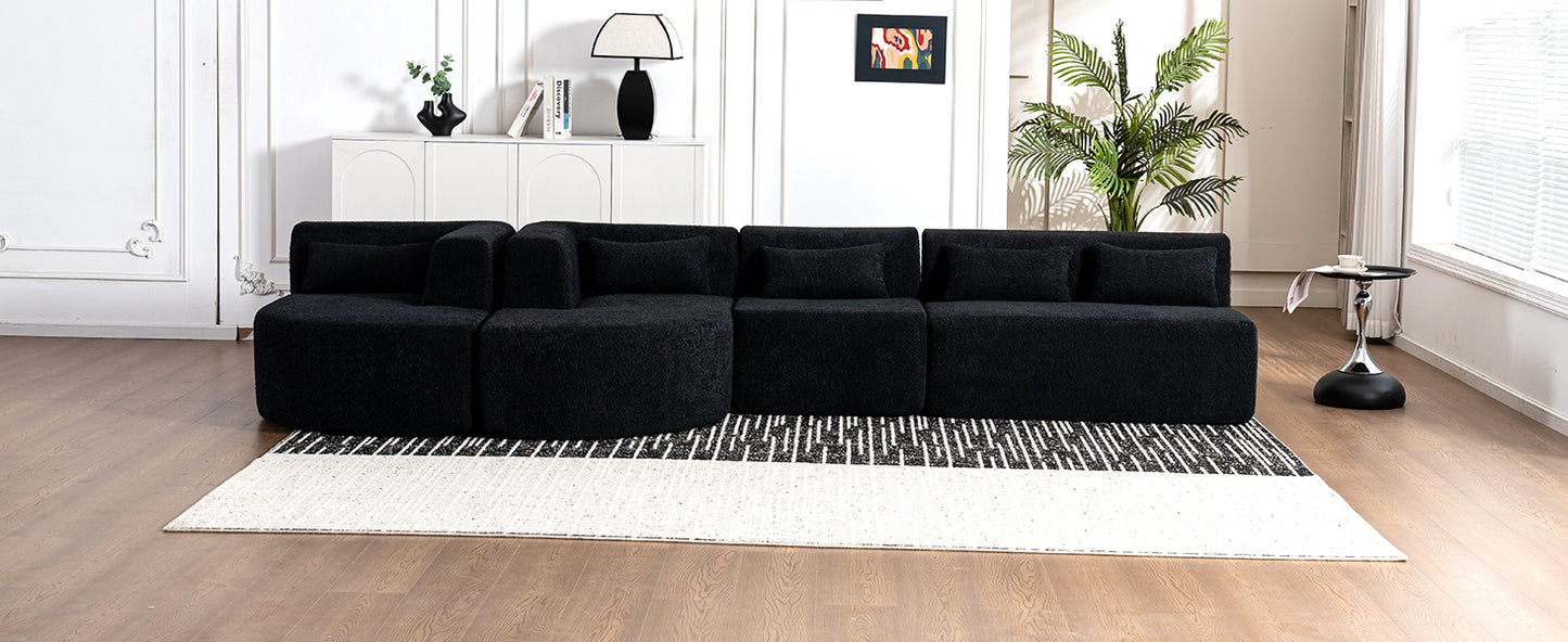 143.7 Upholstered Sofa with Chaise and Back Pillows, Black