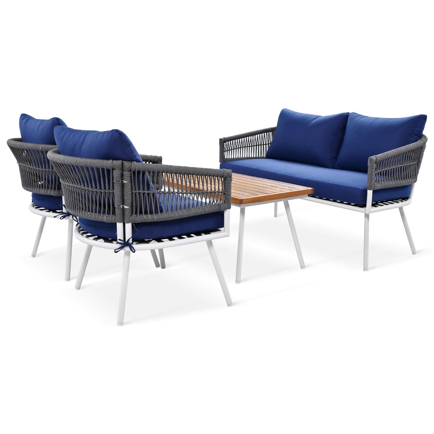 K&K 4-Piece Boho Patio Set with Acacia Wood Table, Navy Blue