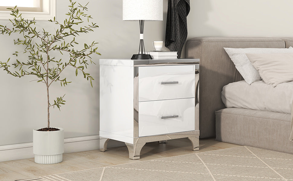 Elegant high gloss nightstand with 2 drawers, mirrored, white