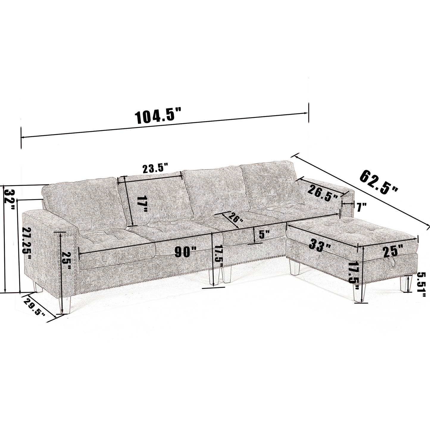 5-Seat Modular Sofa with Storage Ottoman, Reversible Chaise, Chenille, Gray