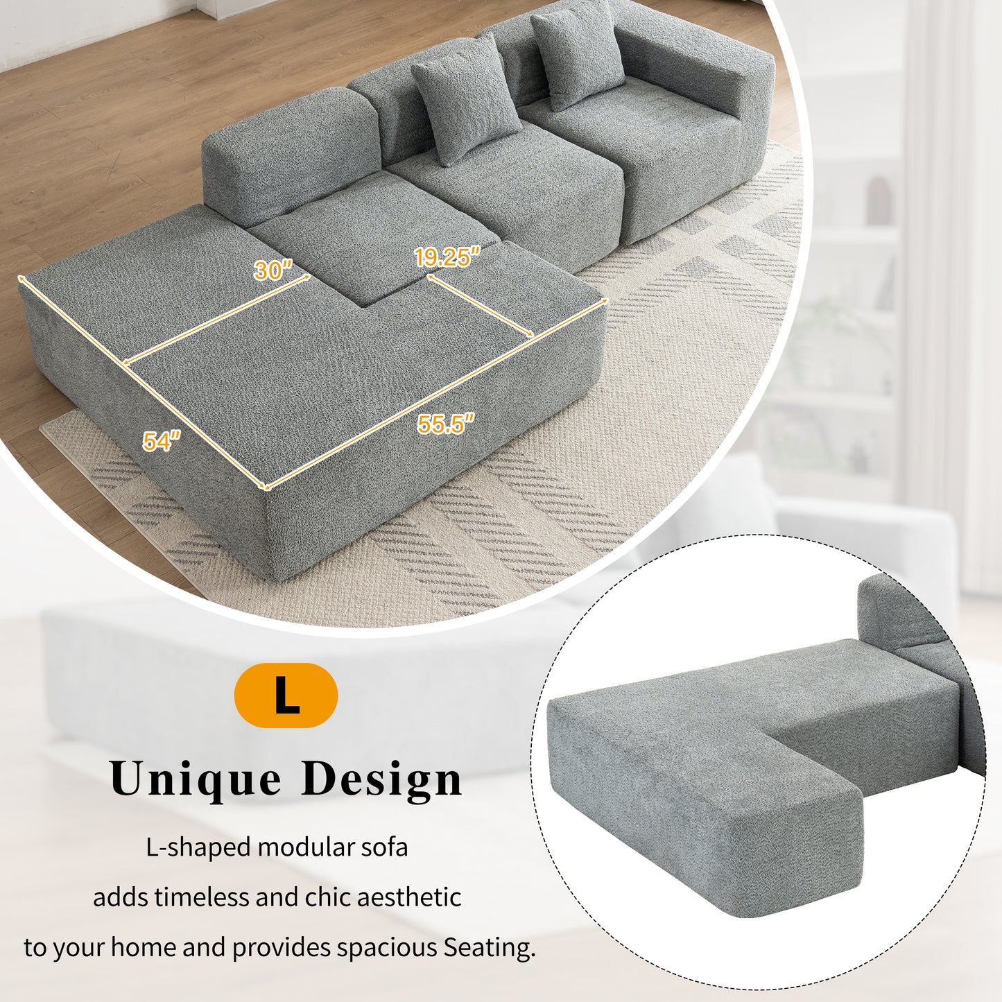 116.5" Sectional Sofa Full-compressed Sofa Couch Free-combined Sofa for Living Room, Grey