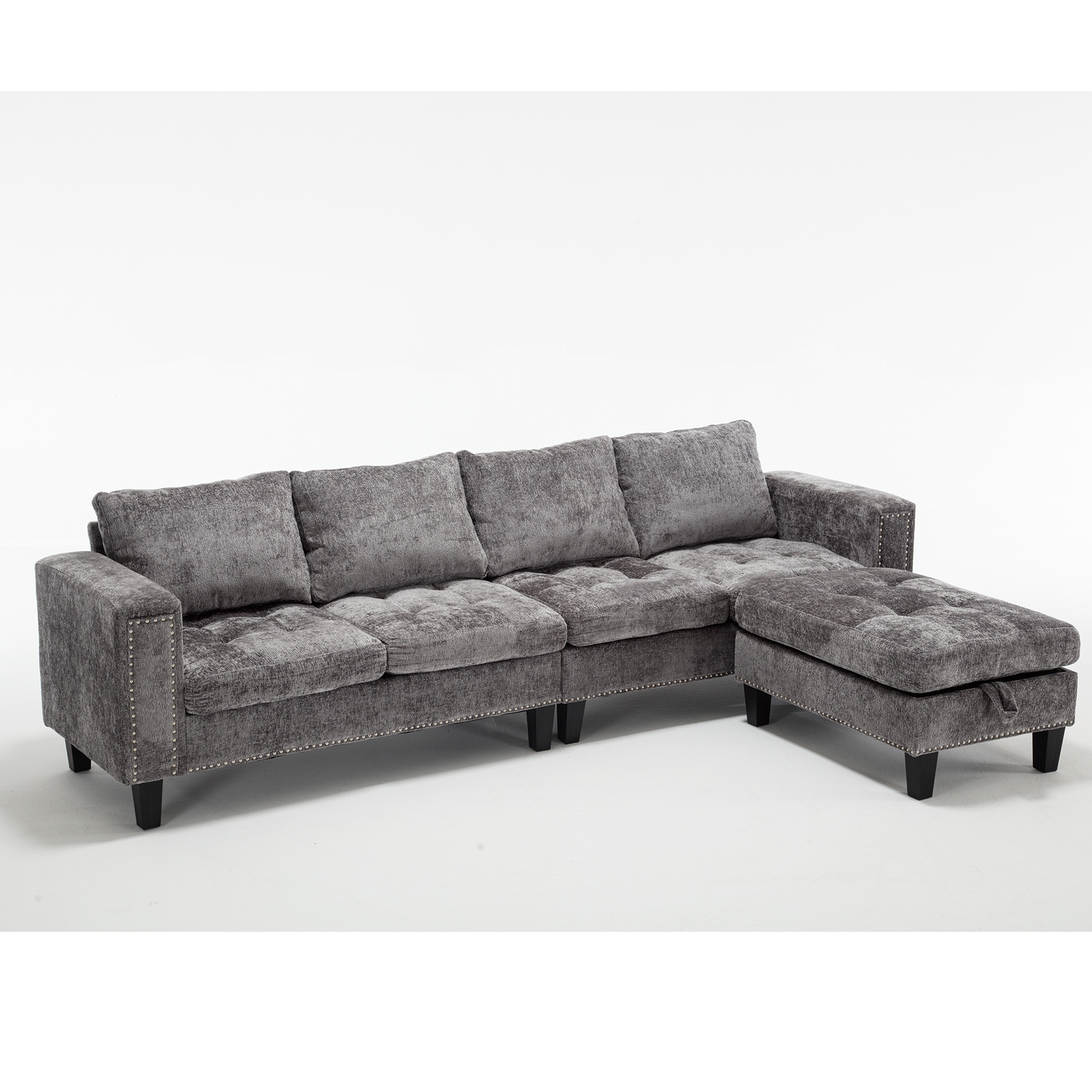 5-Seat Modular Sofa with Storage Ottoman, Reversible Chaise, Chenille, Gray