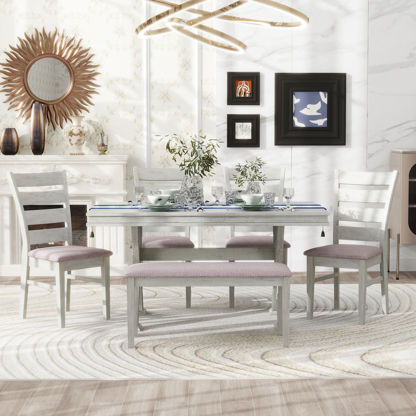 6-piece retro dining set with unique legs, white table, upholstered chairs, and bench