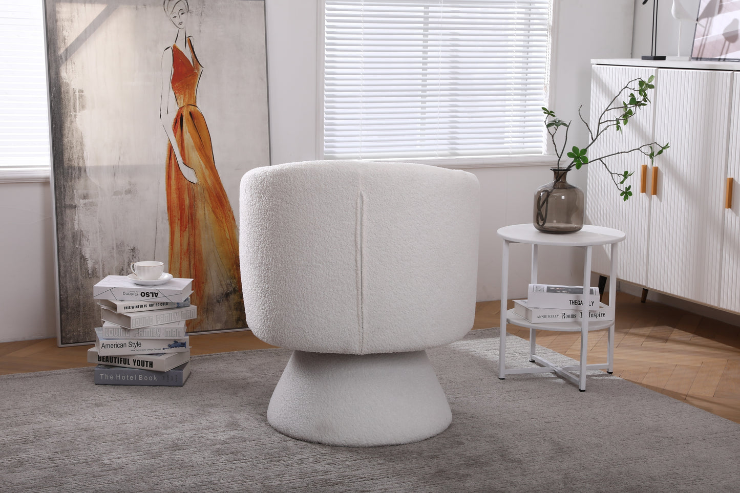 Swivel Accent Chair with a round barrel design for living rooms and bedrooms - White