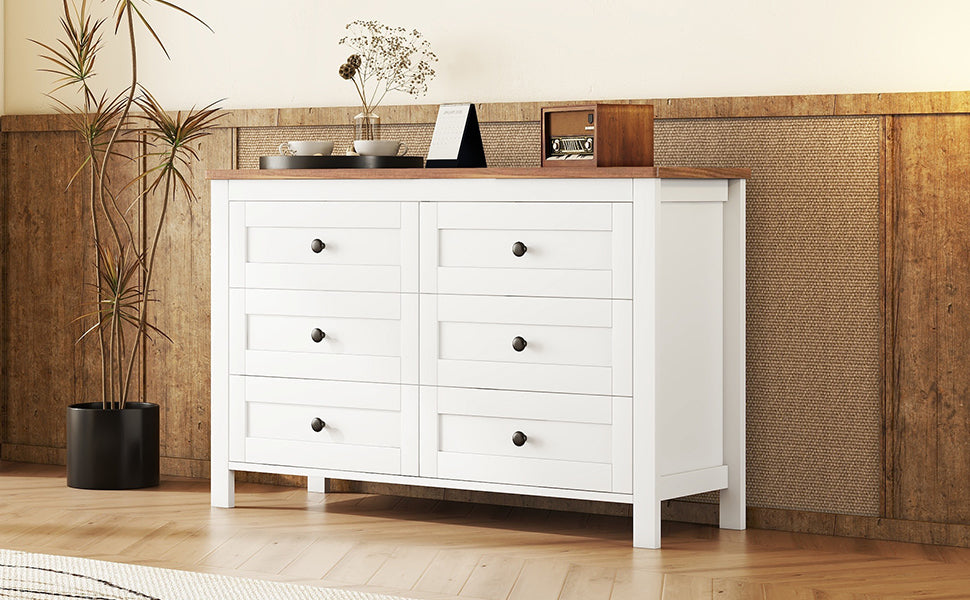 Retro farmhouse dresser with 6 drawers, white and brown