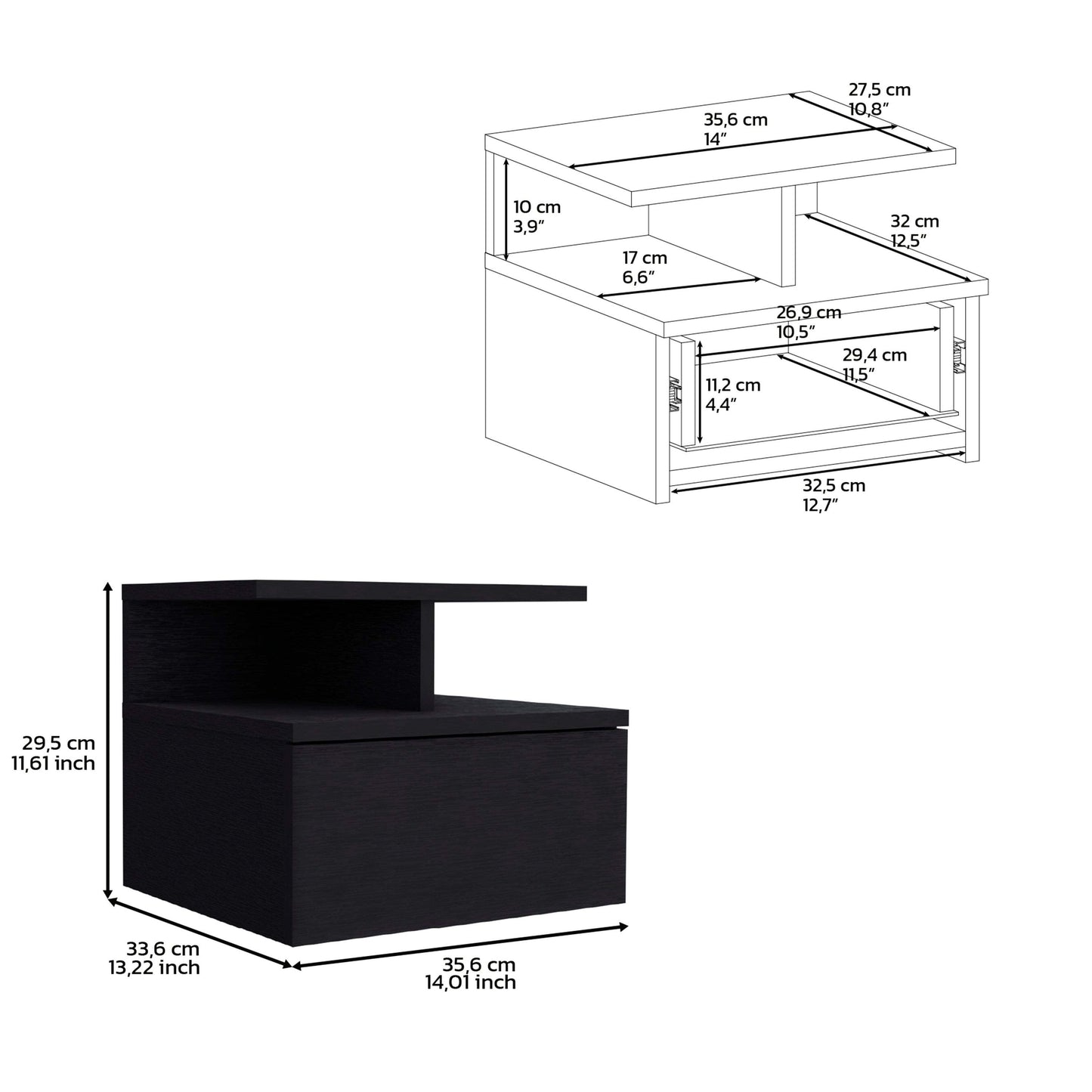 Floating Nightstand 12"H, Wall Mounted with Single Drawer and 2-Tier Shelf, Black