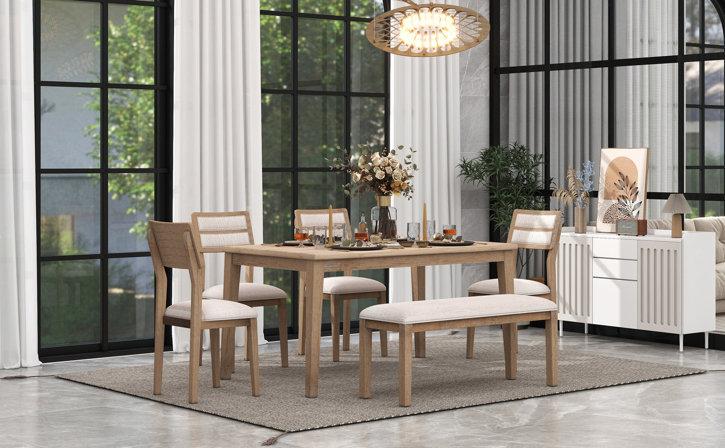 6-piece traditional dining set with upholstered chairs and bench, natural wood wash