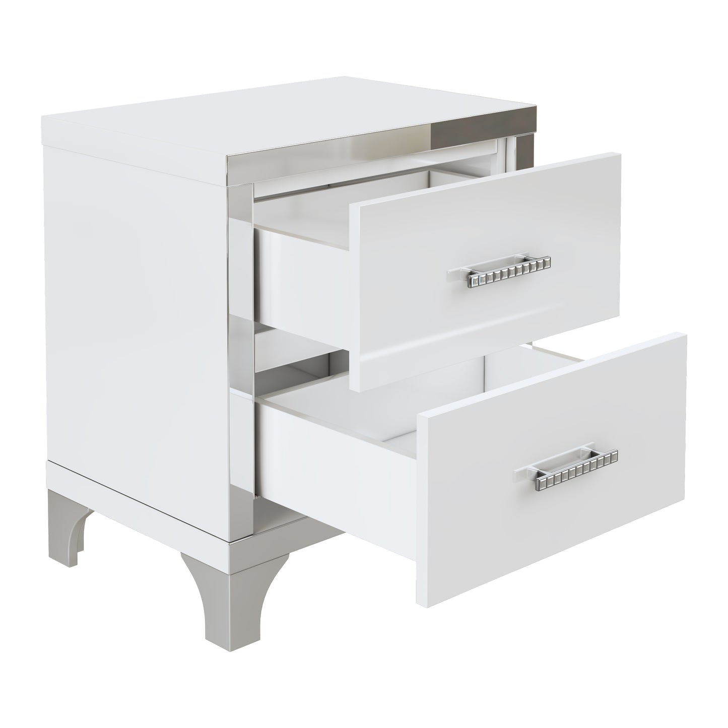 Elegant high gloss nightstand with 2 drawers, mirrored, white