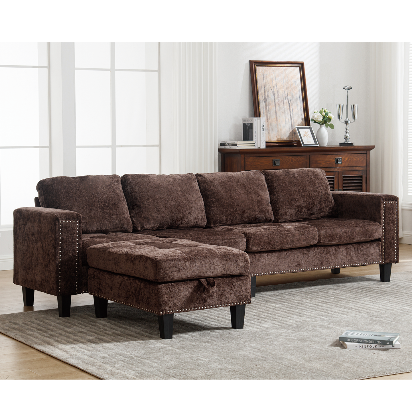 5-Seat Modular Sofa with Storage Ottoman, Reversible Chaise, Chenille, Brown