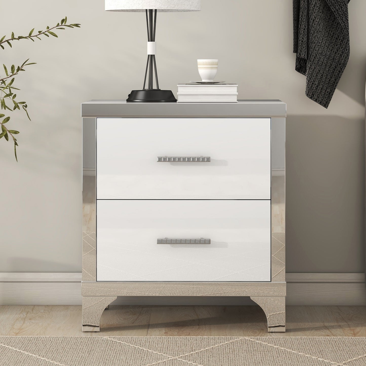 Elegant high gloss nightstand with 2 drawers, mirrored, white