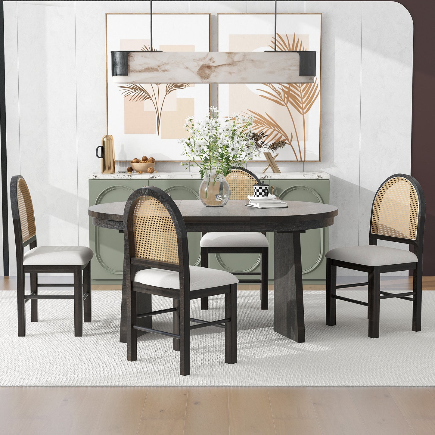 5-piece retro dining set with extendable table and rattan-back chairs, espresso