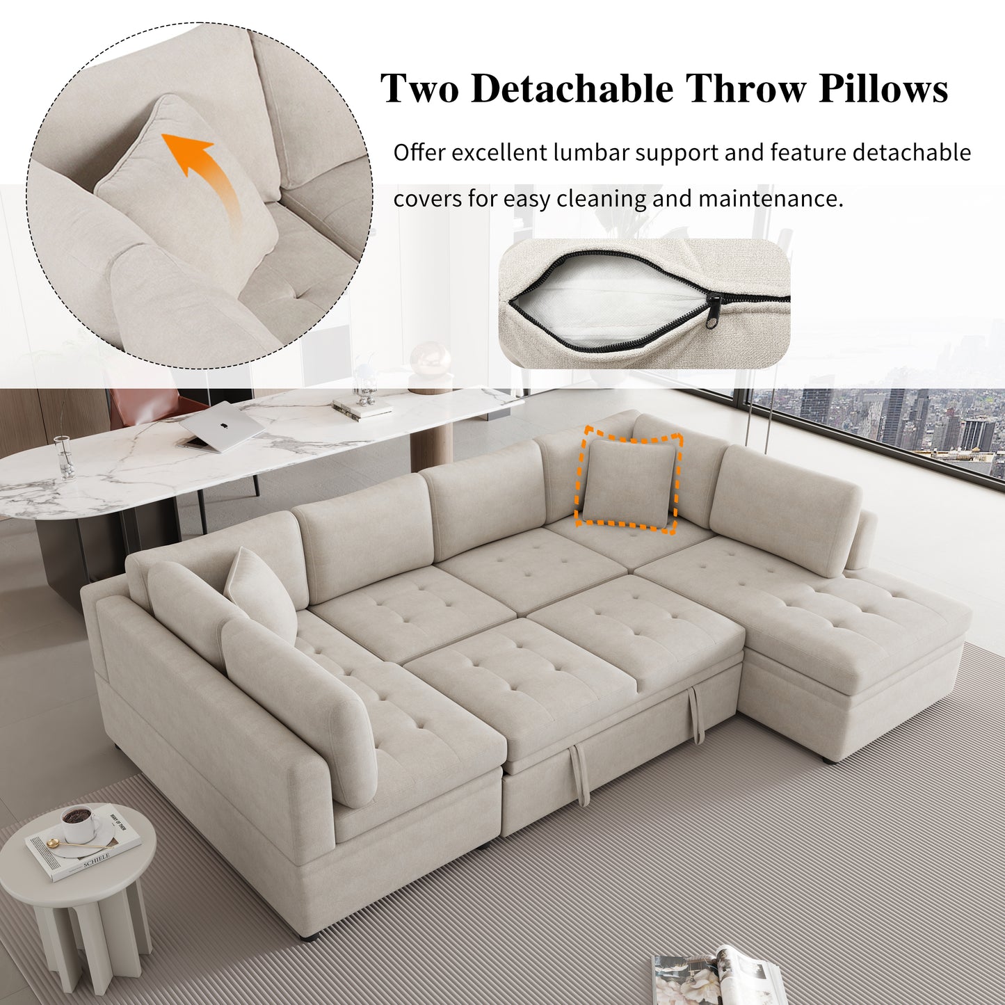 117.3'' U-Shaped Sofa Bed with Pillows, Beige