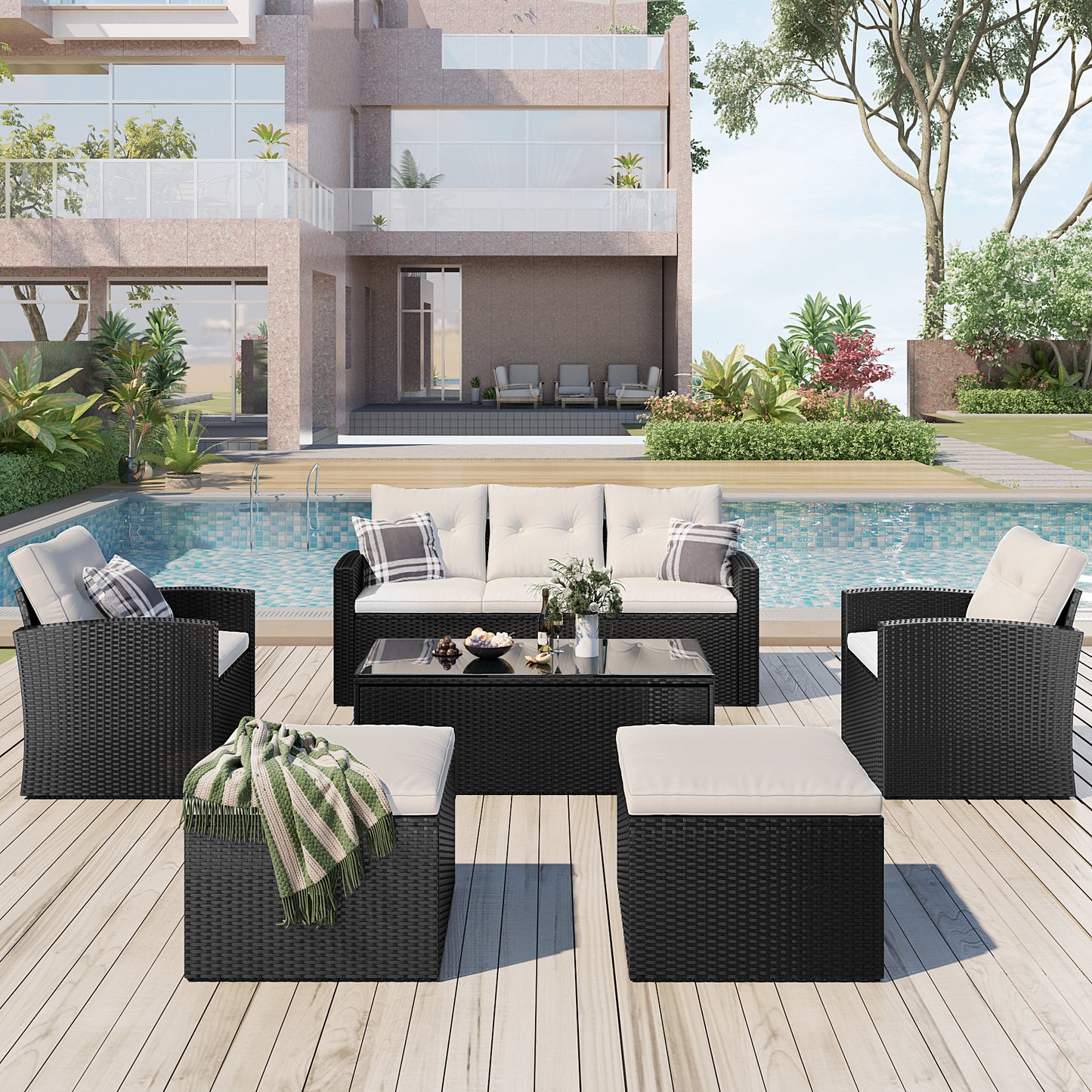 6-piece wicker patio sectional set with coffee table, black wicker, beige cushions