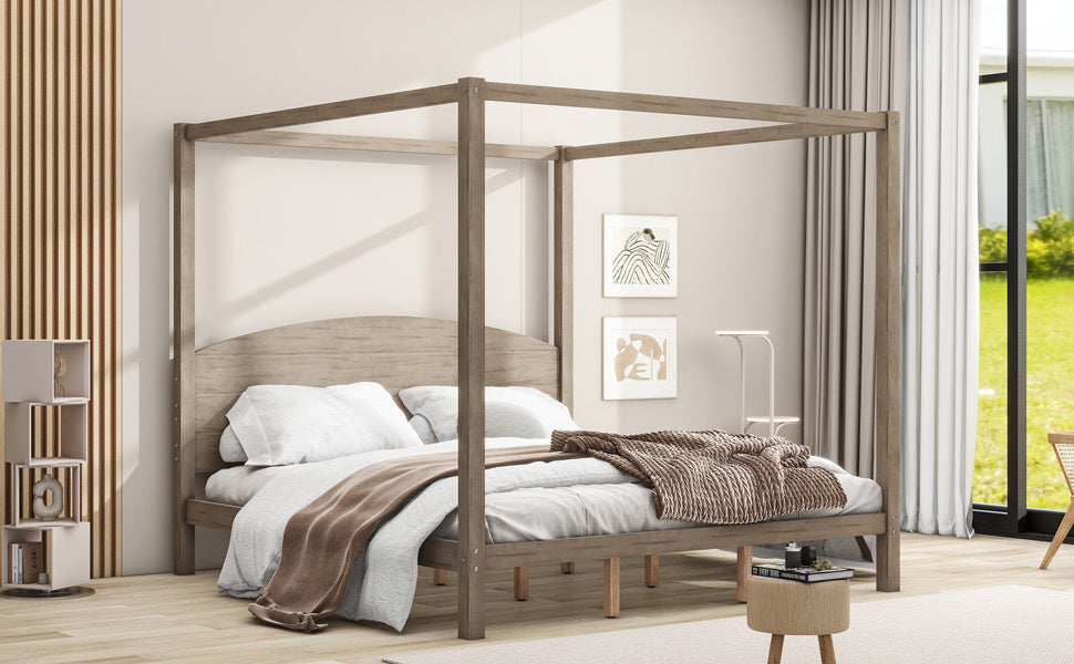 King Size Canopy Platform Bed with Headboard and Support Legs, Brown Wash