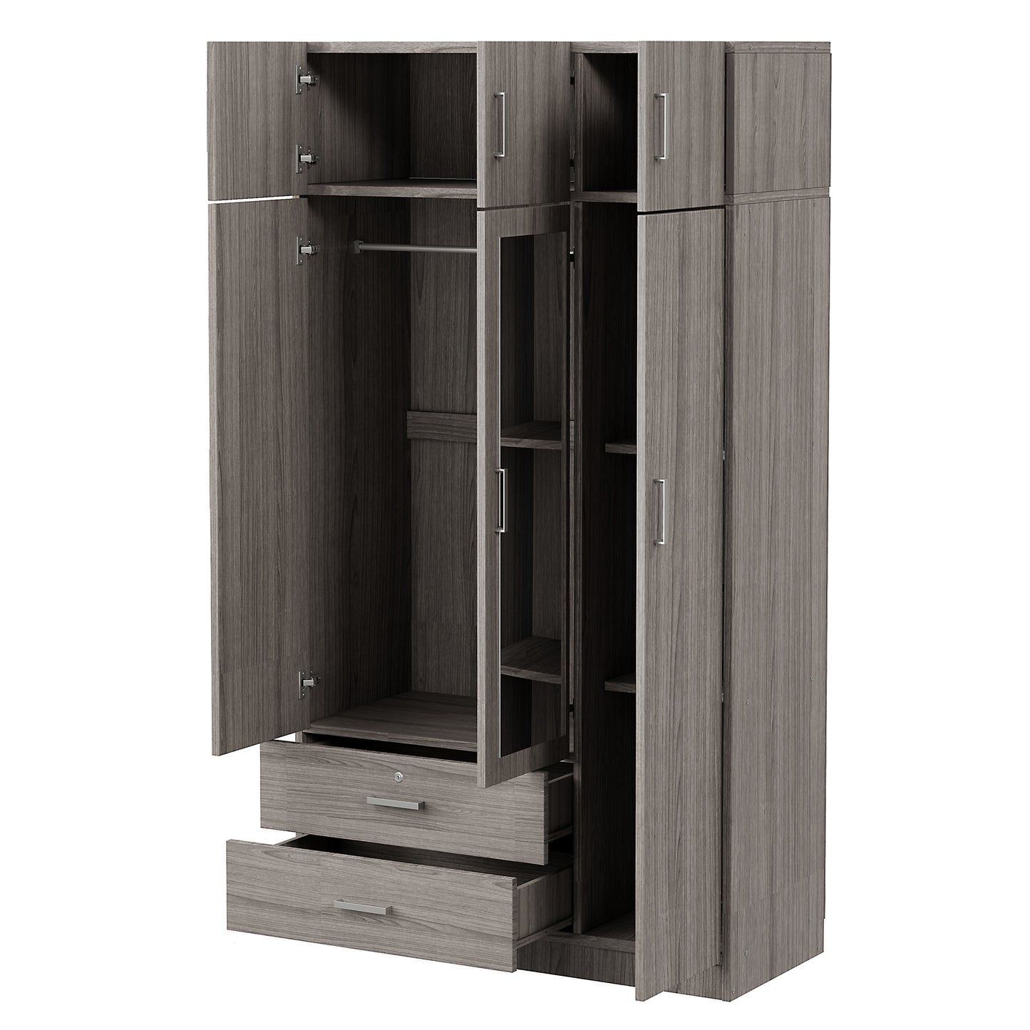 3-door mirror dresser wardrobe with 2 drawers and top cabinet, gray