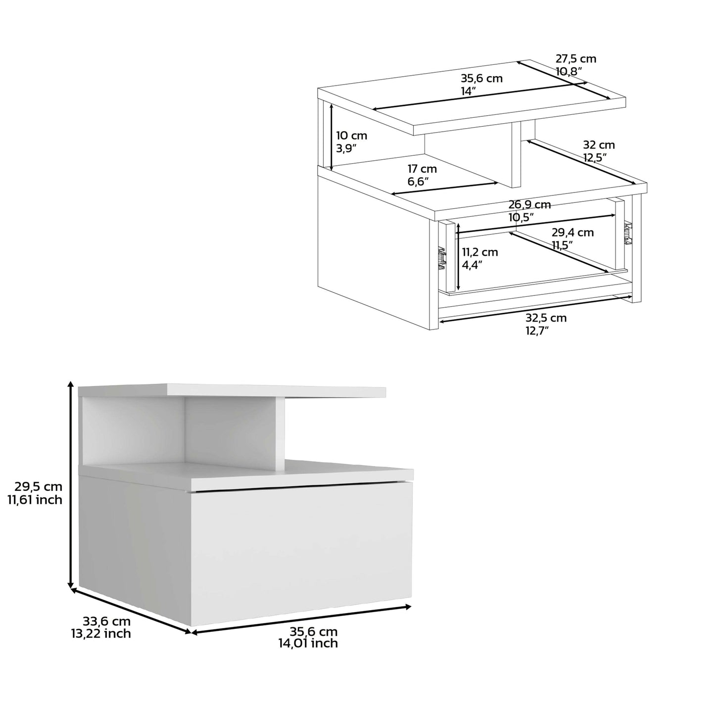 Floating Nightstand 12"H, Wall Mounted with Single Drawer and 2-Tier Shelf, White