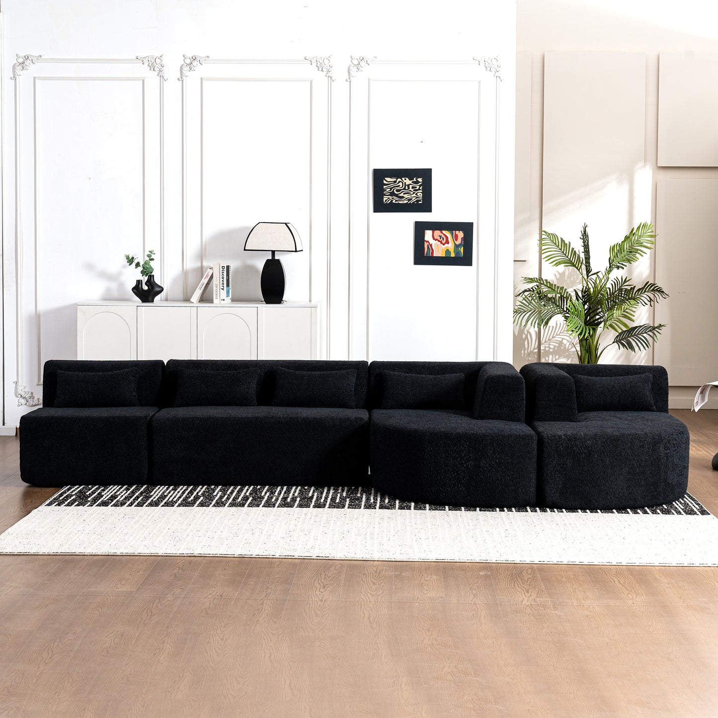 143.7 Upholstered Sofa with Chaise and Back Pillows, Black