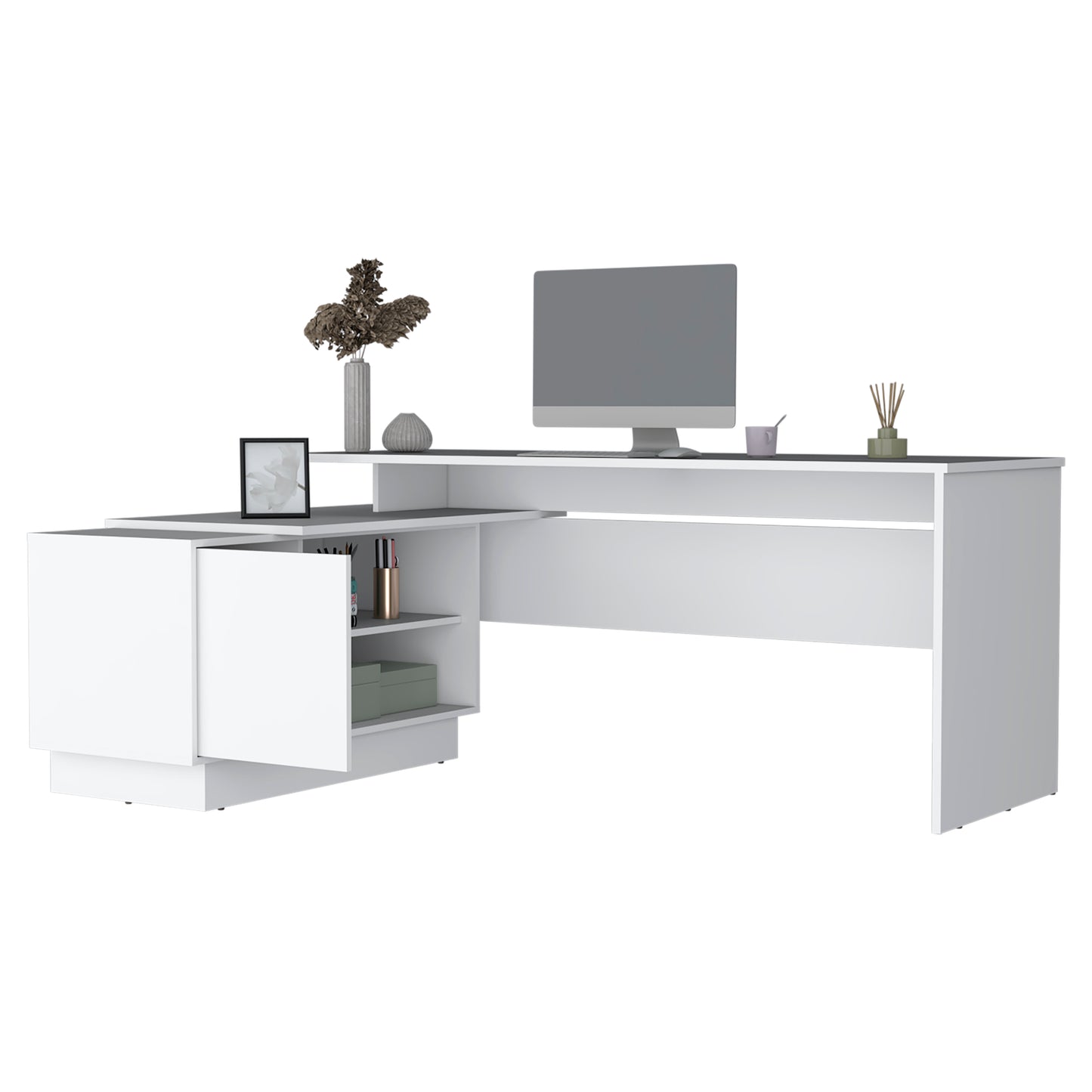 70" L-Shaped Desk with Cabinet and Open Shelves