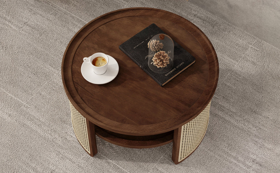 2-Tier Walnut Coffee Table with Rattan Base