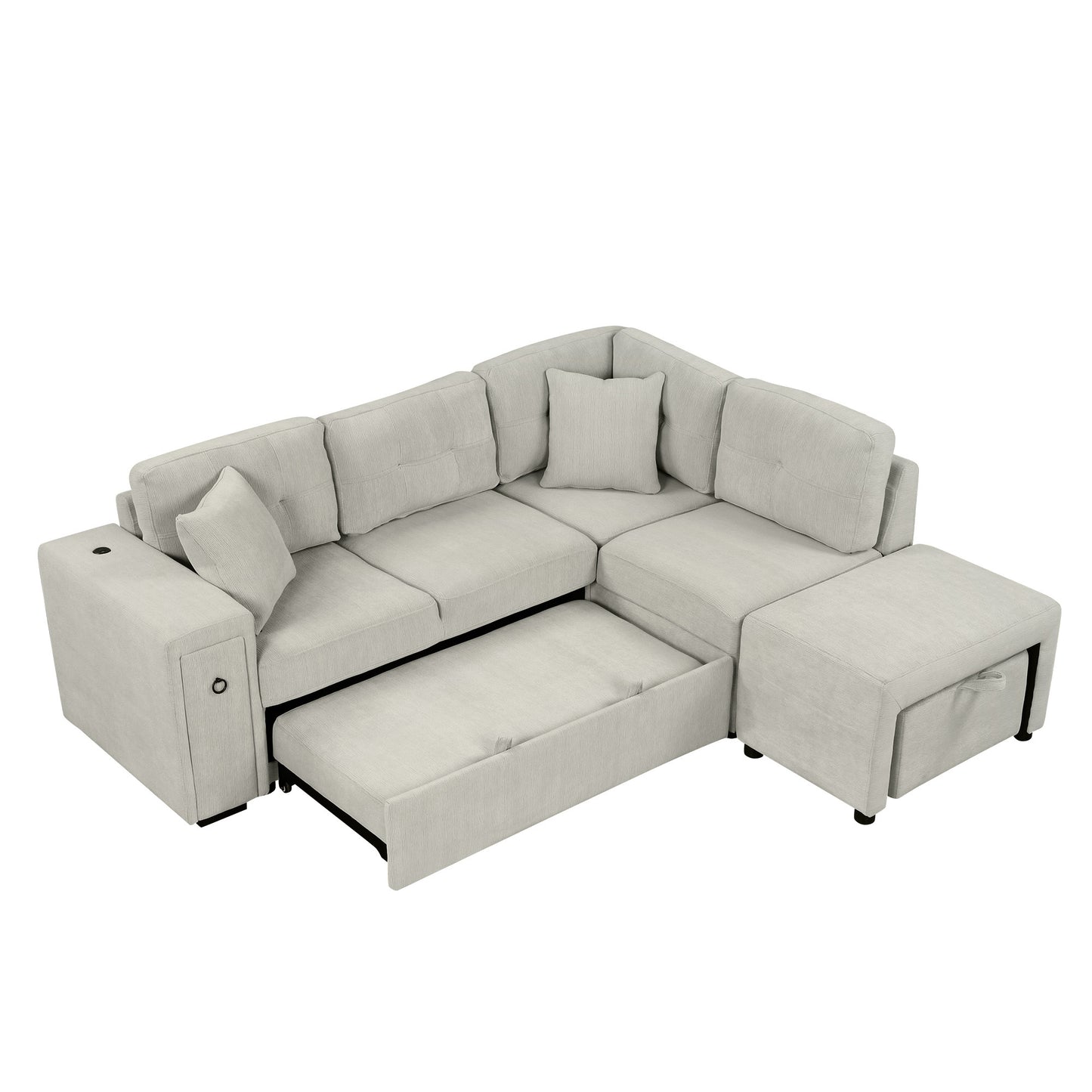 86.6 L-Shaped Sofa Bed with Ottoman, USB Ports & Cup Holders, Gray