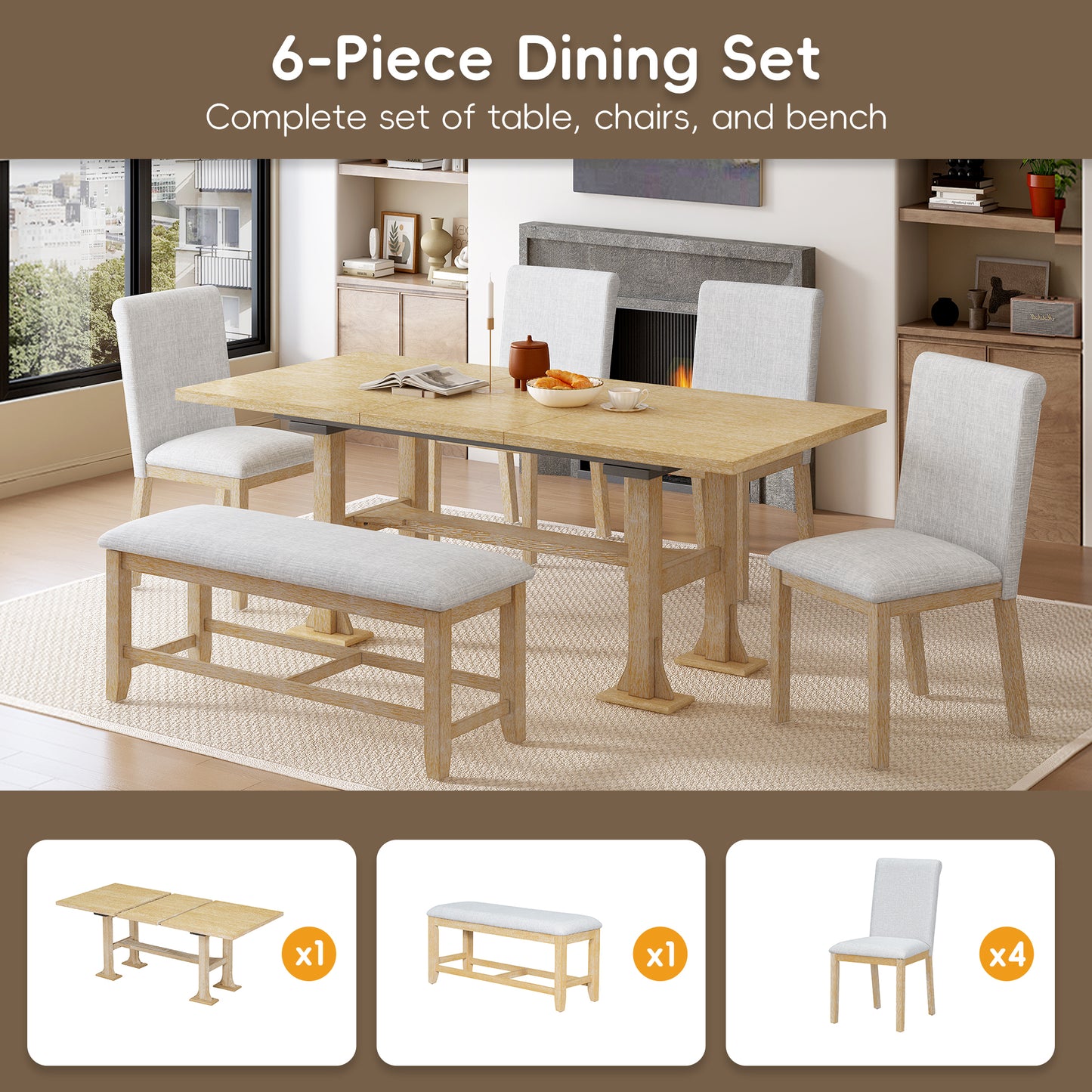 6-piece farmhouse dining set with extendable table and upholstered chairs, natural finish