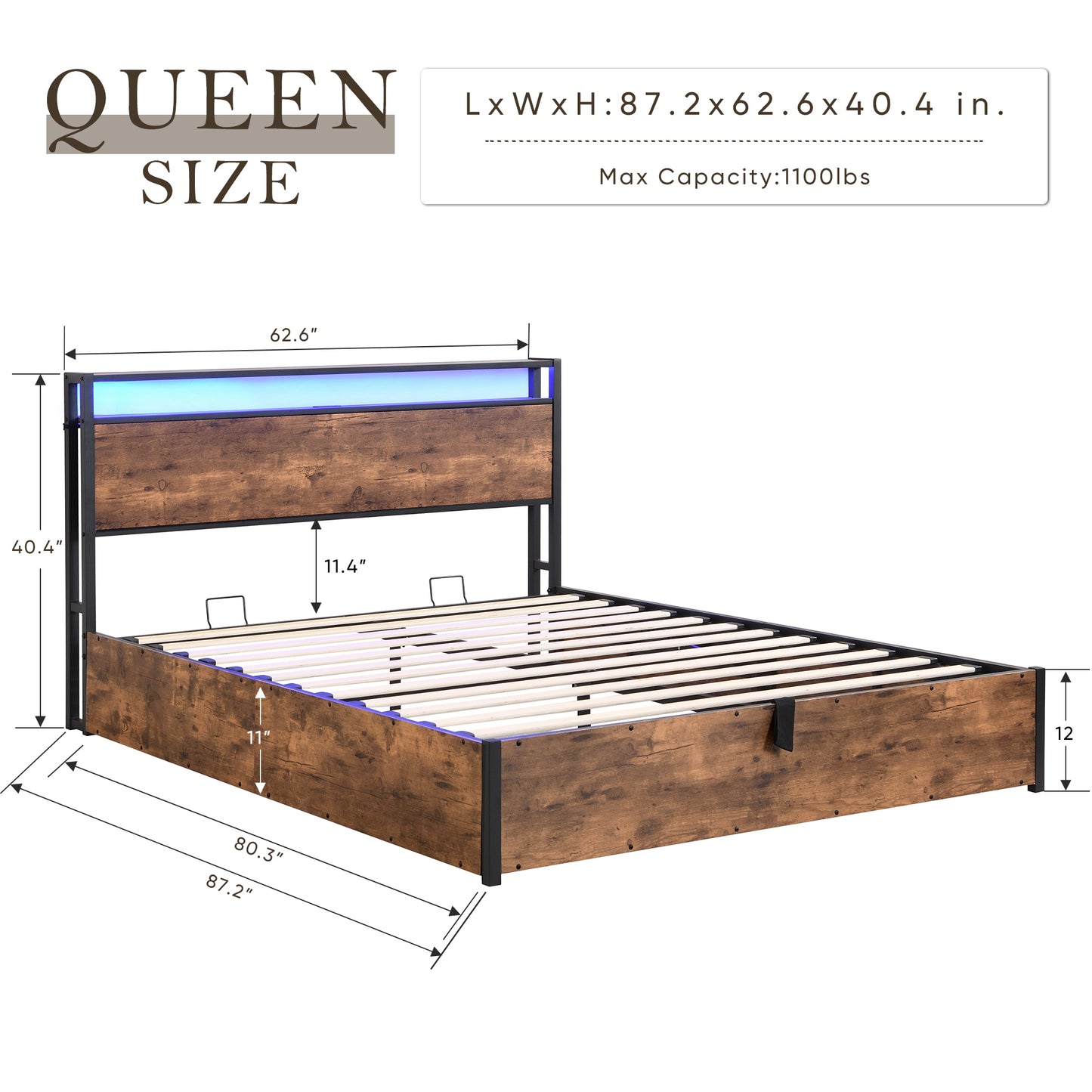 Queen lift-up storage bed frame, rustic brown, with bookcase headboard and LED lights