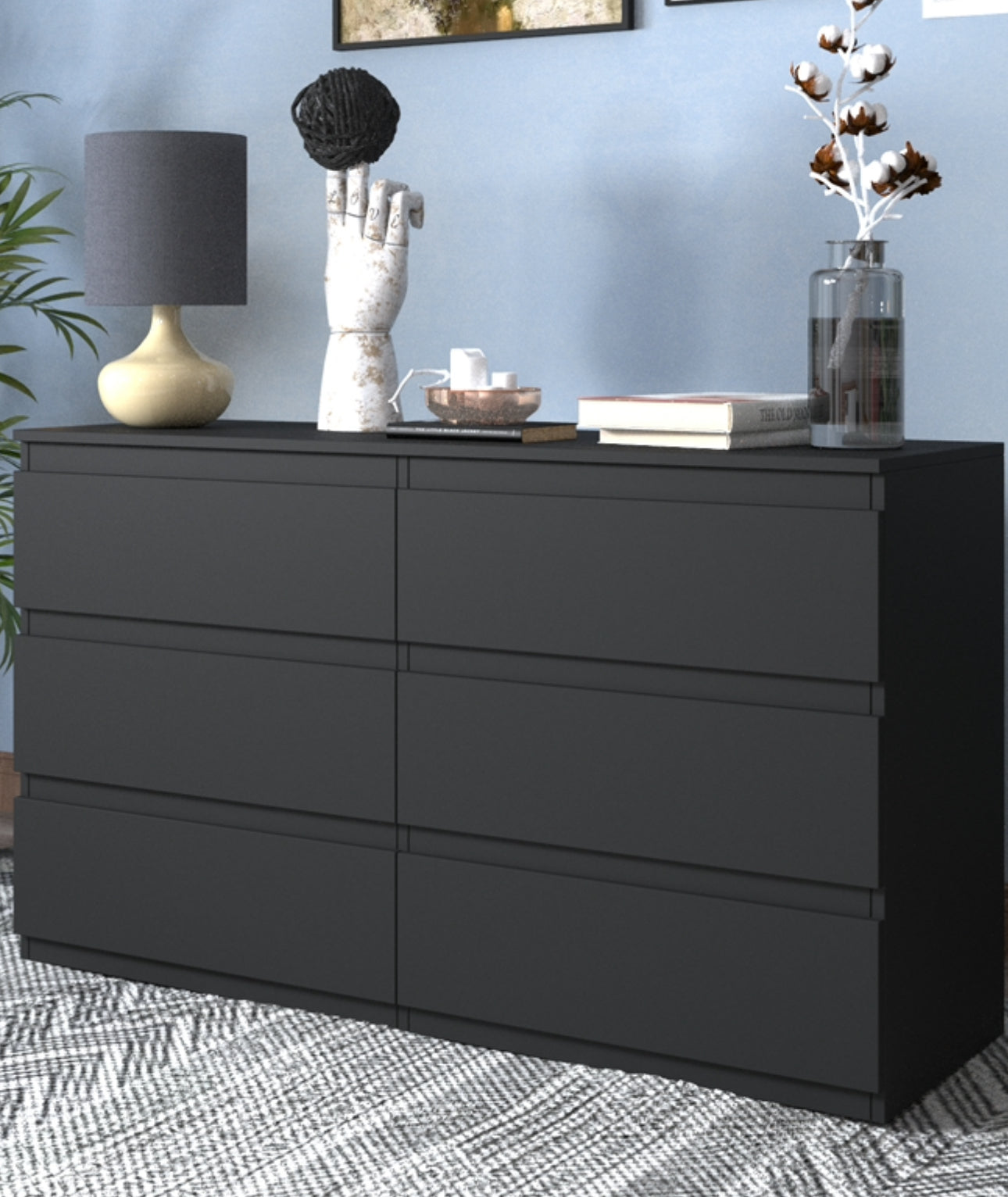 6-drawer double dresser in black for bedroom, living room, or hallway