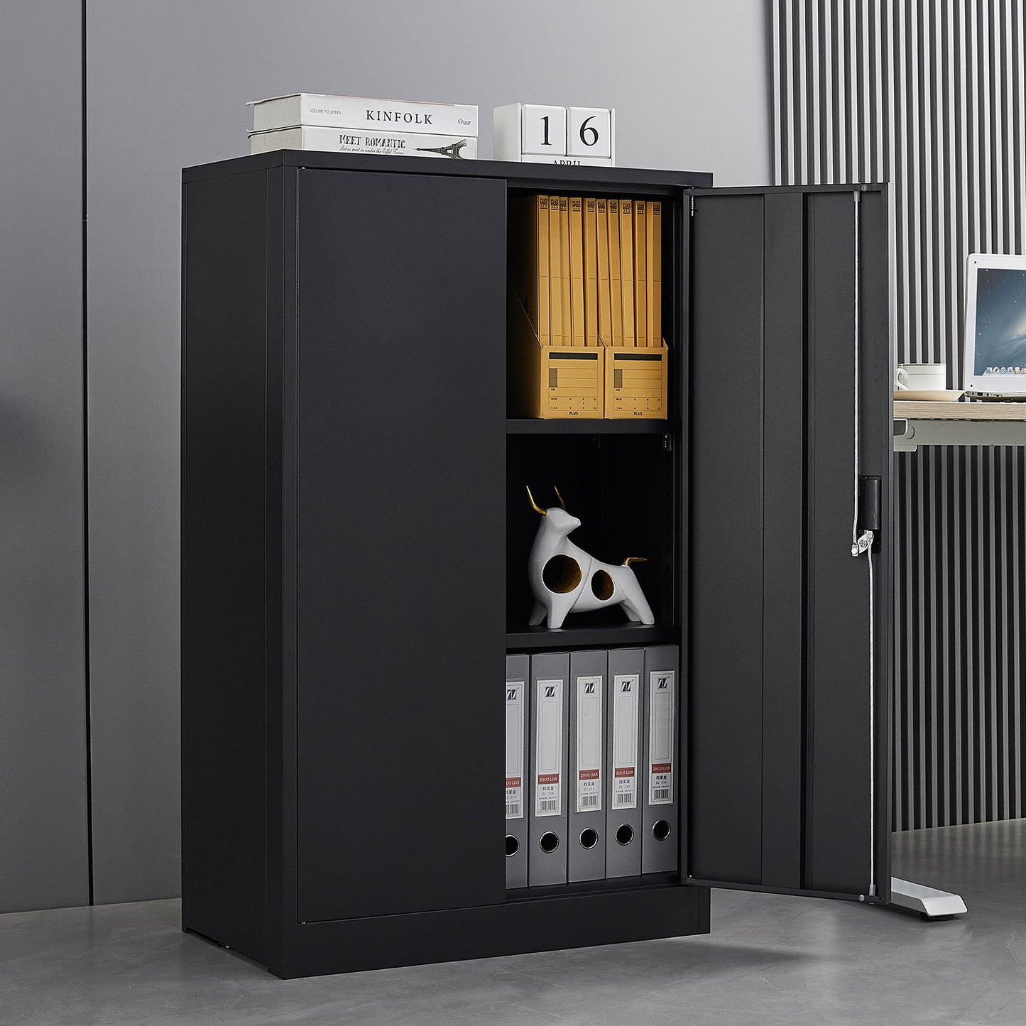 Metal storage cabinet with locking doors