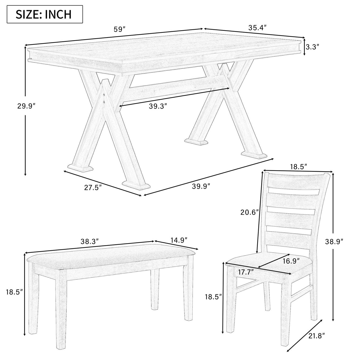 6-piece retro dining set with unique legs, white table, upholstered chairs, and bench