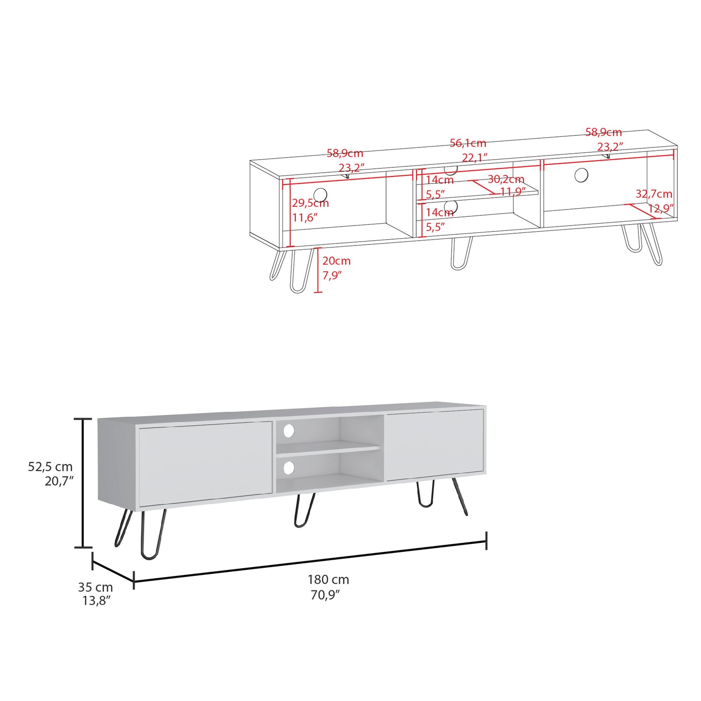 Vassel TV Stand with Hinged Drawers & Hairpin Legs