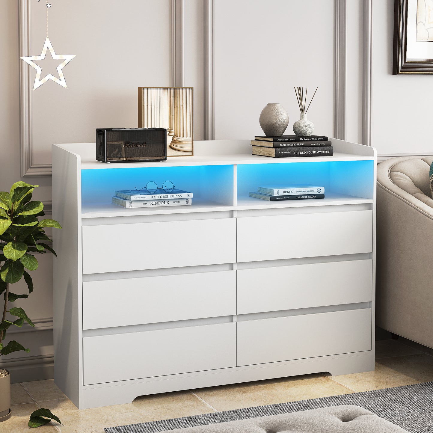 6-drawer white dresser with LED lights, modern design for bedroom or living space