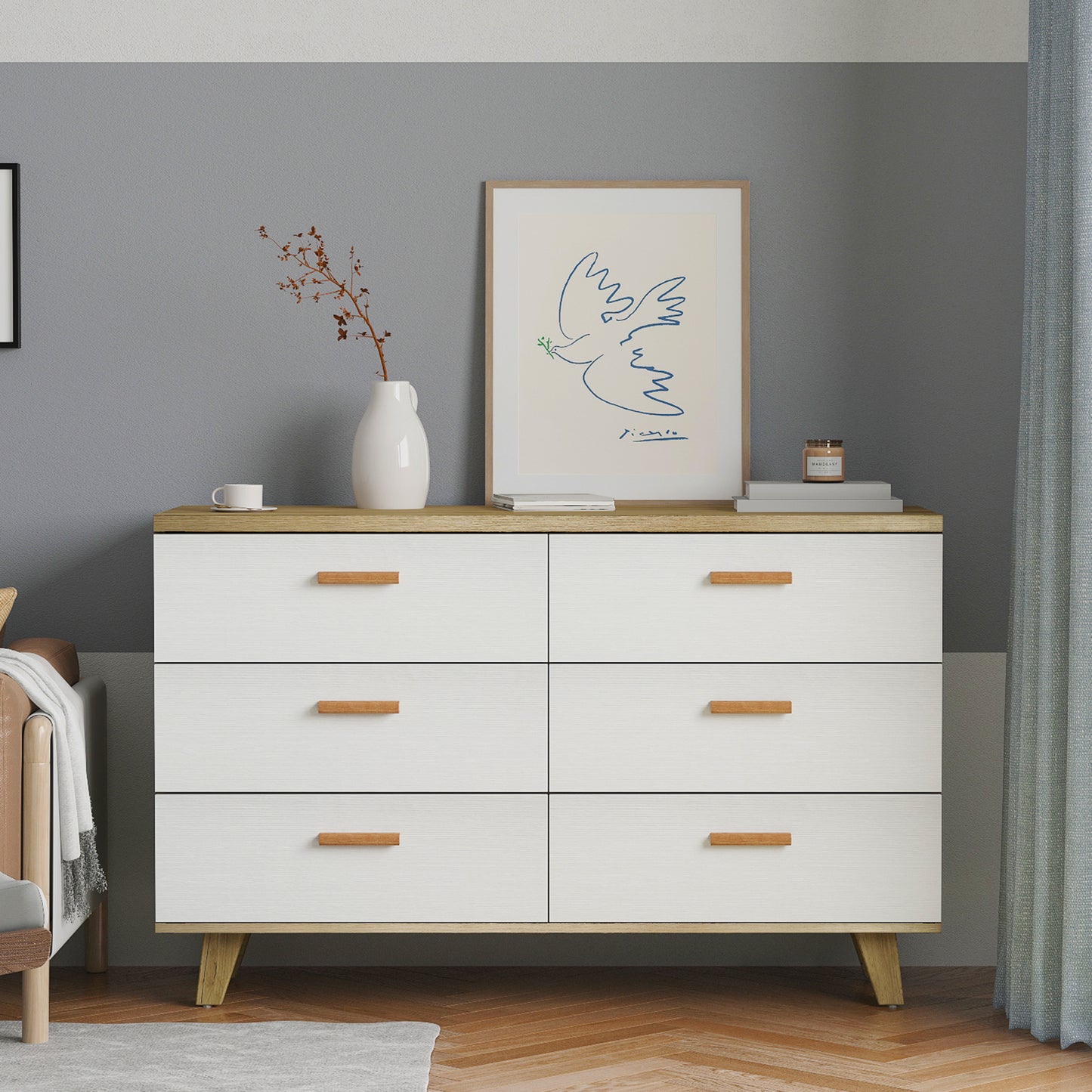 Drawer dresser and sideboard storage cabinet with solid wood handles and legs, brown and white