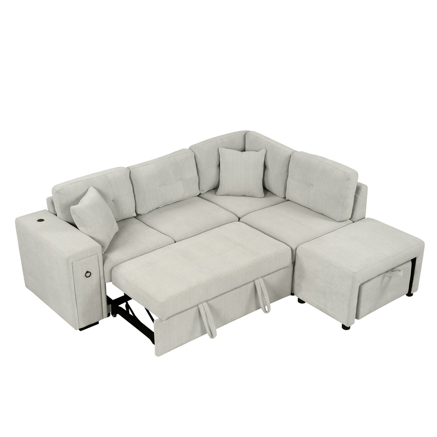 86.6 L-Shaped Sofa Bed with Ottoman, USB Ports & Cup Holders, Gray