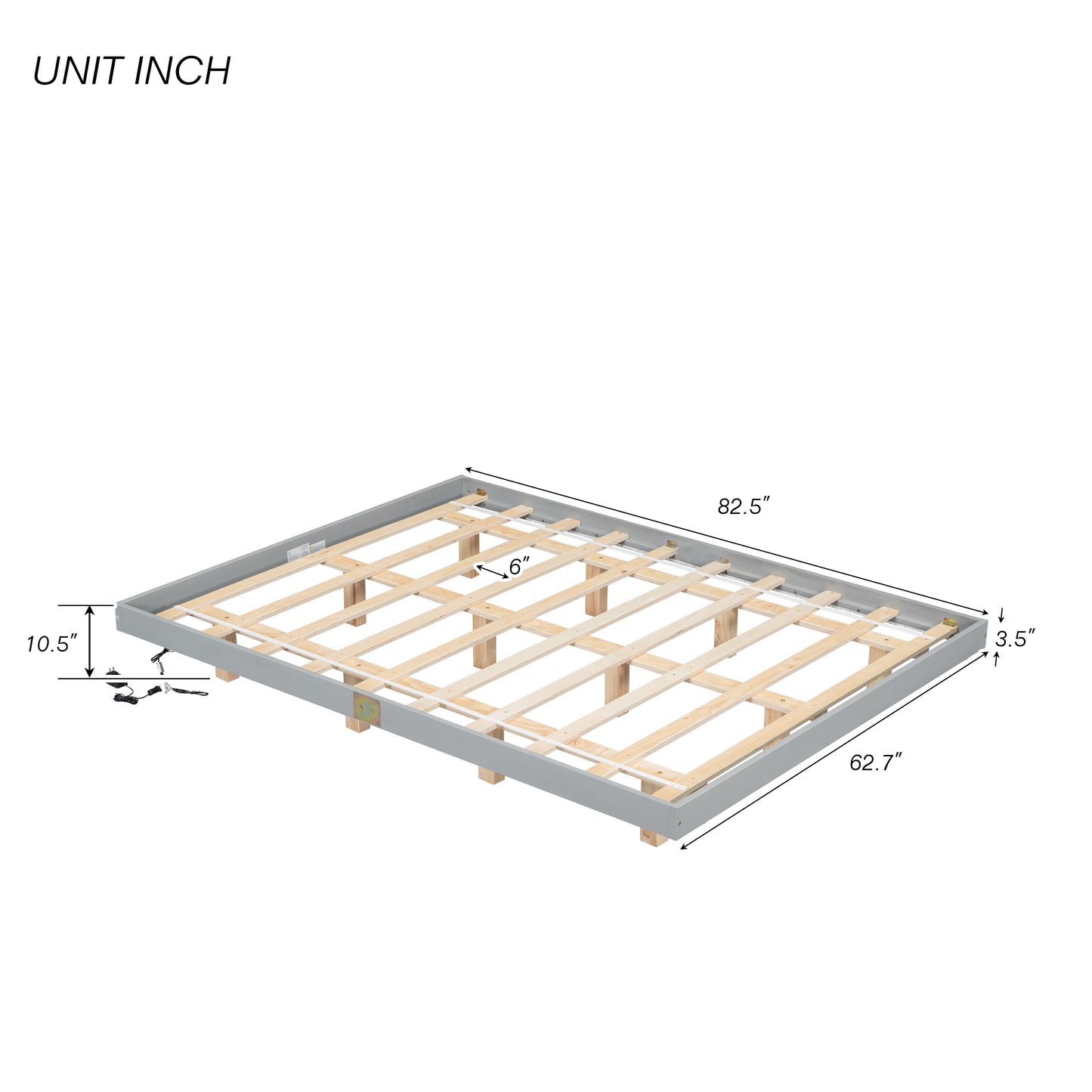 Queen floating bed with LED lights, modern low profile, gray