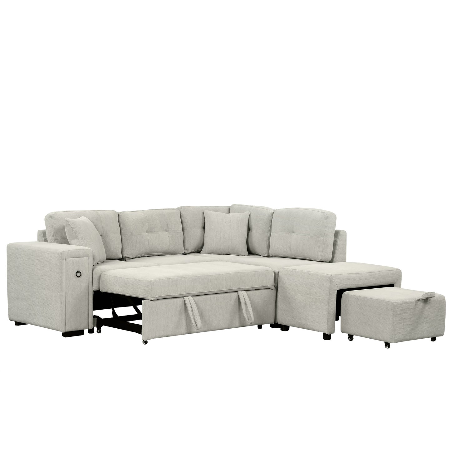 86.6 L-Shaped Sofa Bed with Ottoman, USB Ports & Cup Holders, Gray