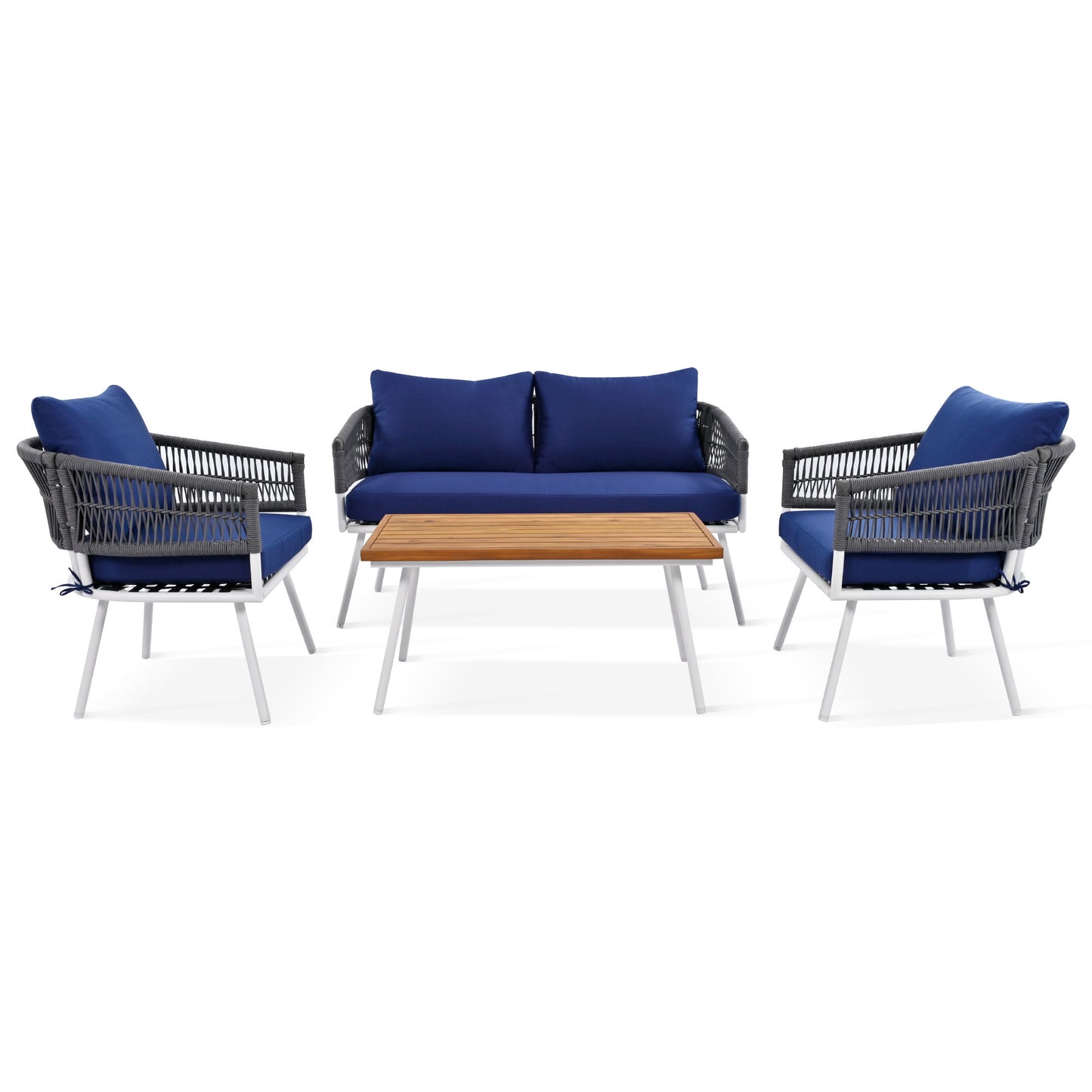 K&K 4-Piece Boho Patio Set with Acacia Wood Table, Navy Blue