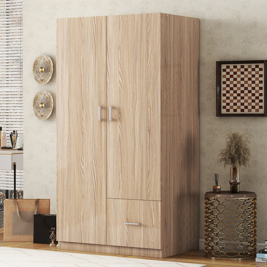 Wooden wardrobe dresser with double doors, hanging rod, 5 shelves, and storage drawer, natural