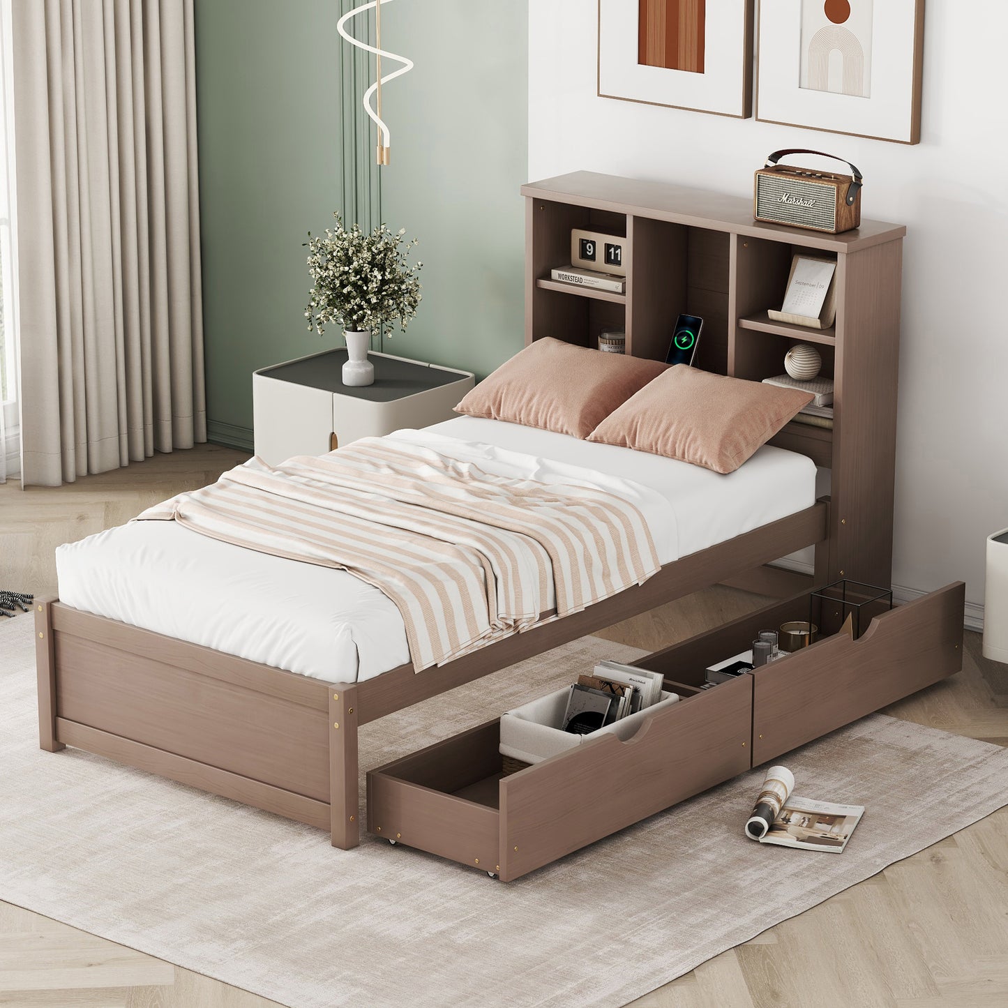 Modern twin bed frame with USB port, bookcase headboard, and drawers, walnut