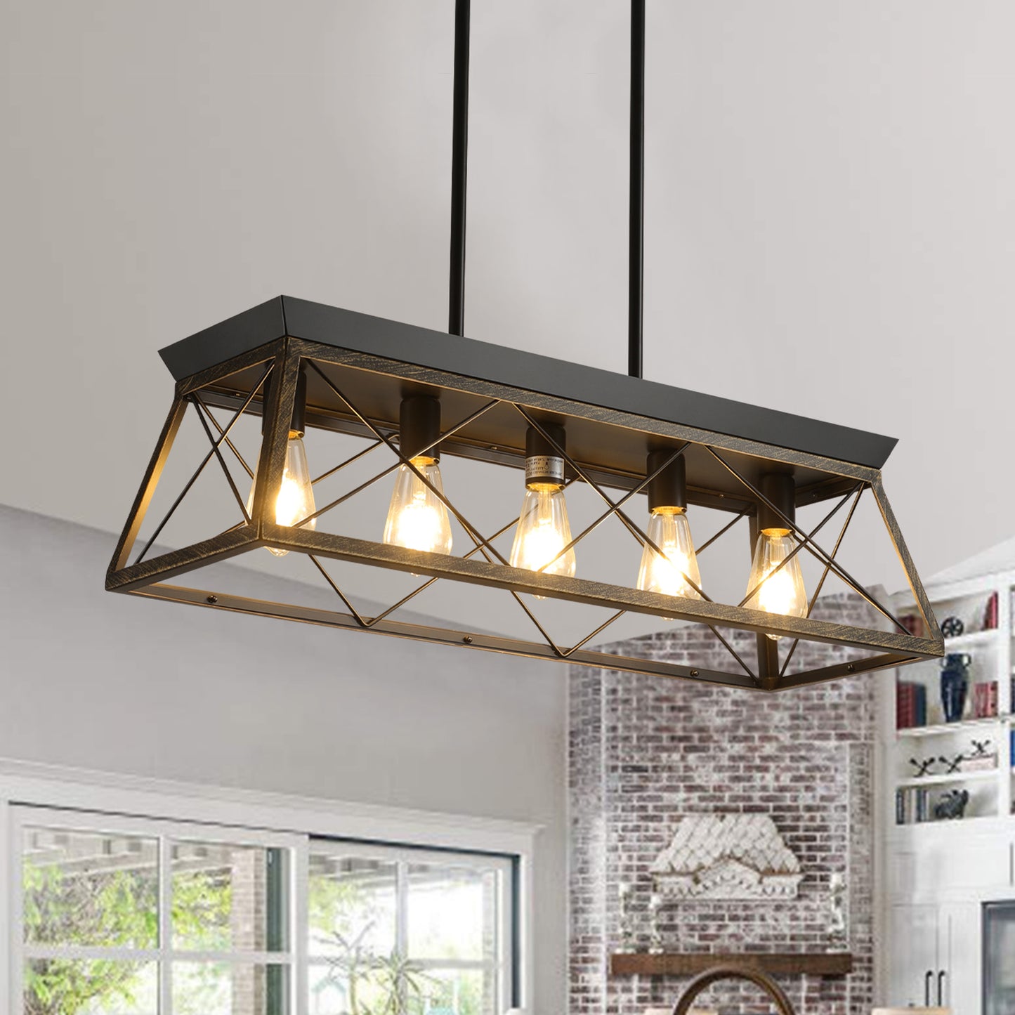 5-Light Black and Gold Farmhouse Chandelier, Rectangular Pendant Fixture