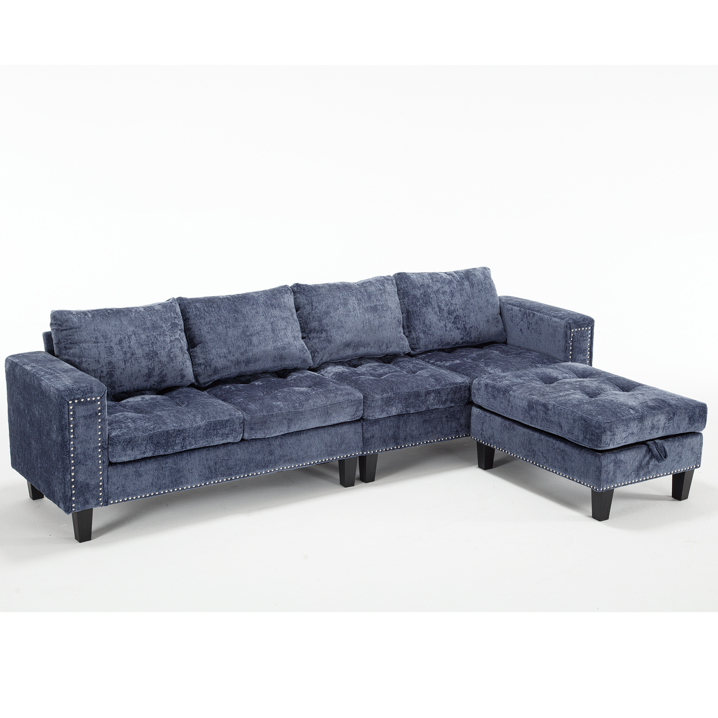 5-Seat Modular Sofa with Storage Ottoman, Reversible Chaise, Chenille, Blue