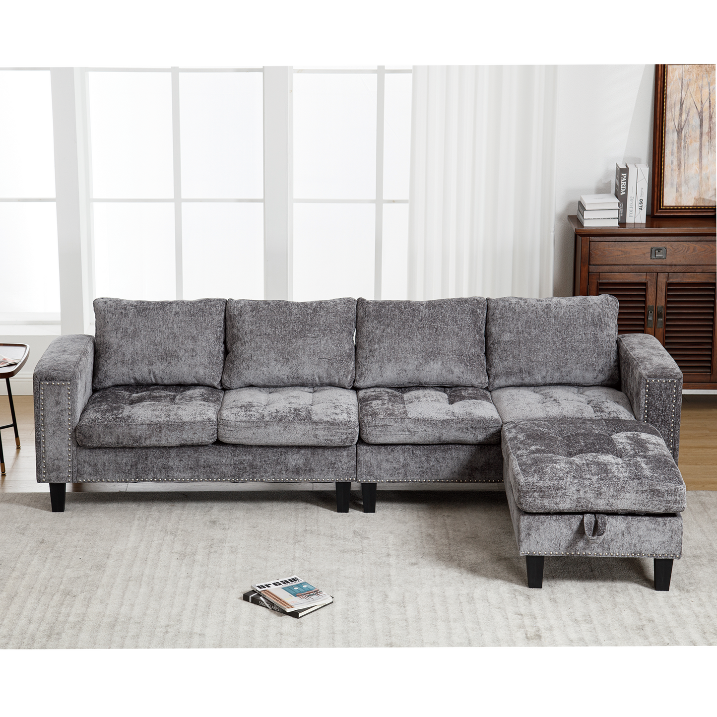 5-Seat Modular Sofa with Storage Ottoman, Reversible Chaise, Chenille, Gray