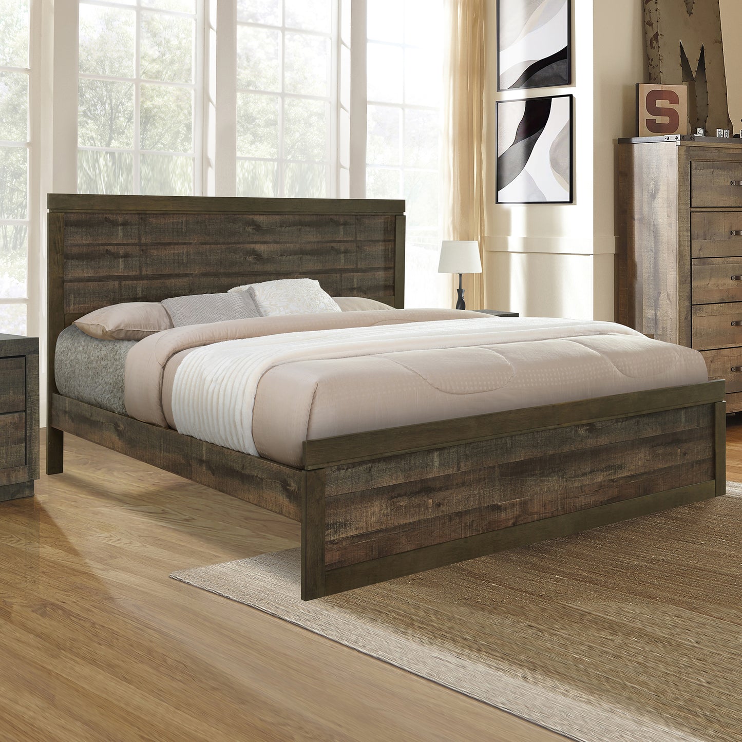 Vintage farmhouse king platform bed with wooden slats, rustic brown