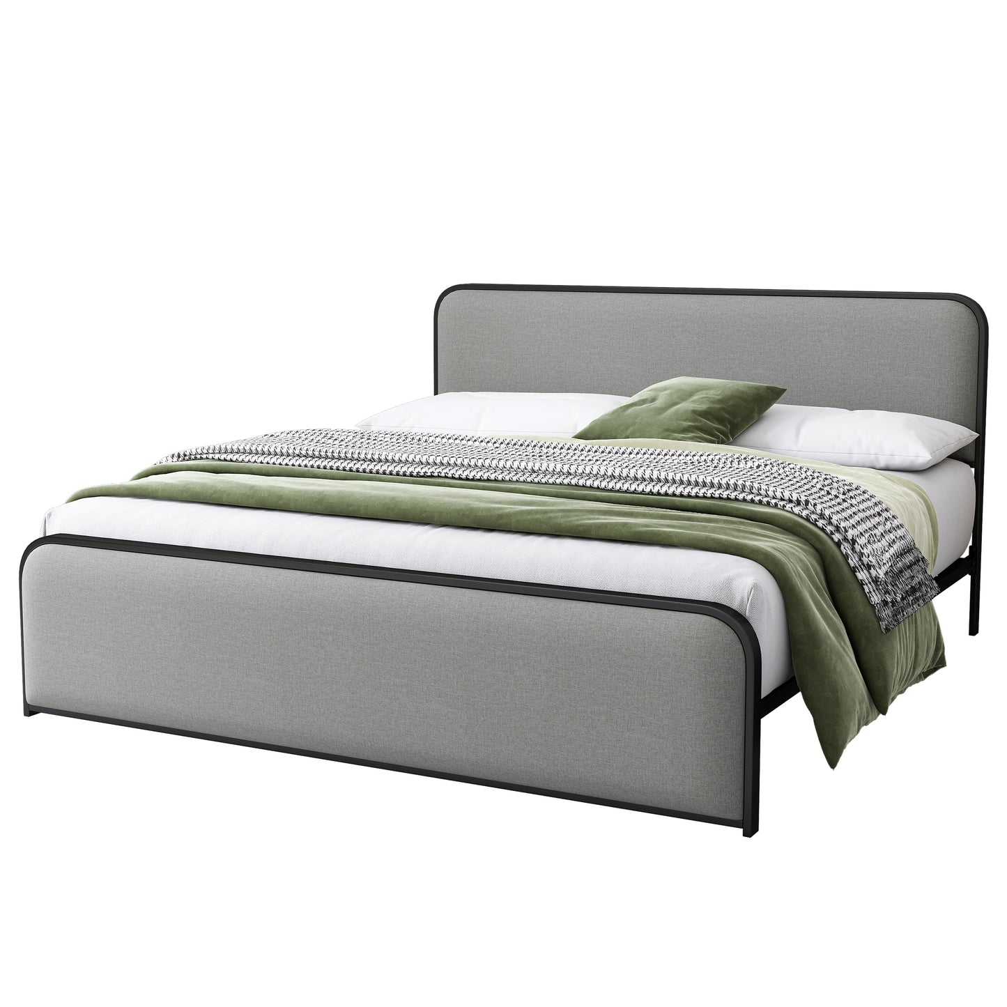 Modern king metal bed frame with curved upholstered headboard and under-bed storage, gray